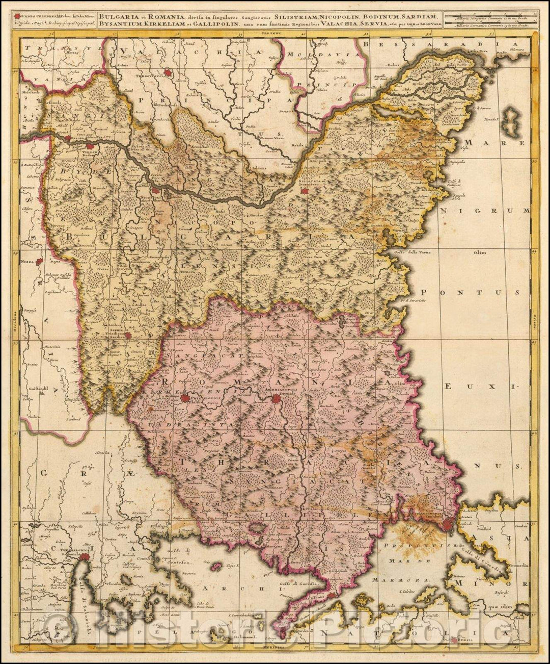 Historic Map - Bulgaria et Romania: divisa in singulares sangiacatus Silistriam, Nicopolin, Bodinum, Sardiam, Bysantium, Kirkeliam et Gallipolin, 1690 v2