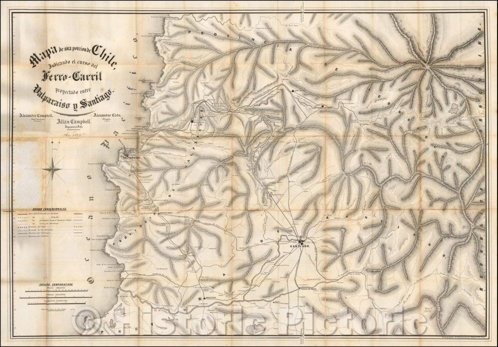 Historic Map - Mapa de una porcion de Chile, Indicando el curso del Ferro-Carril/Map of a portion of Chile, indicating the course of Ferro Carril, 1852 - Vintage Wall Art