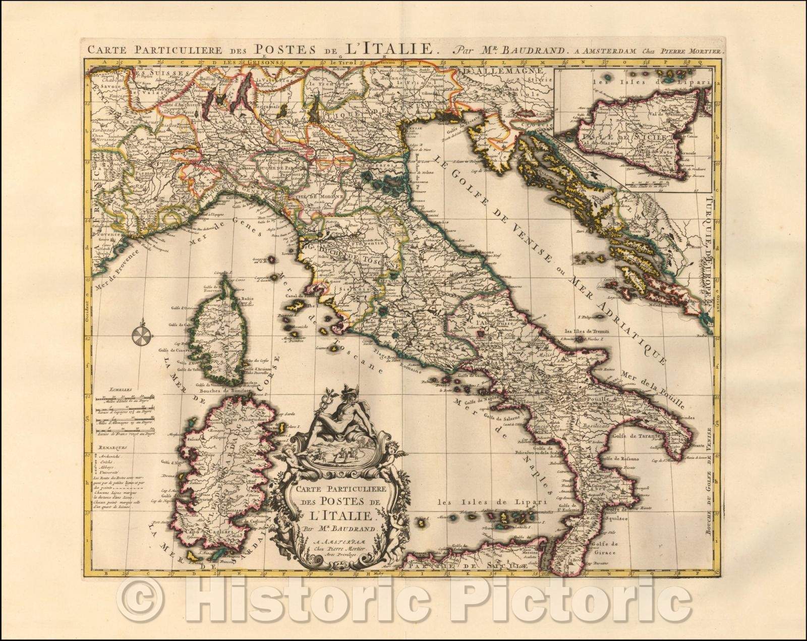 Historic Map - Carte Particuliere des Postes de L'Italie. Par Mr. Baudrand. / Map of Italy, Corsica and Sardinia with an inset Map of Sicily, 1700 - Vintage Wall Art