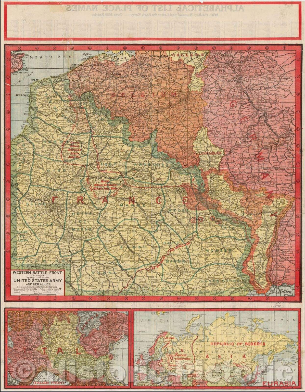 Historic Map - Western Battle Front Showing the Fighting Fronts of the United States Army And Her Allies From London, England to Basel, Switzerland, 1918 - Vintage Wall Art