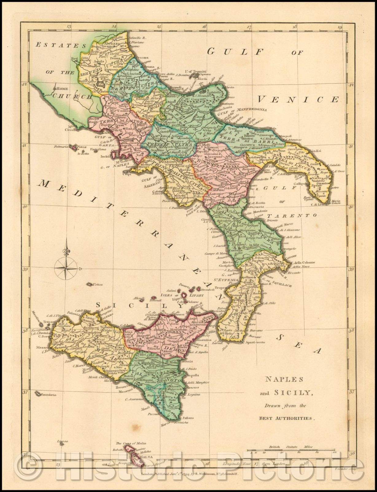 Historic Map - Naples and Sicily, 1794, Robert Wilkinson - Vintage Wall Art