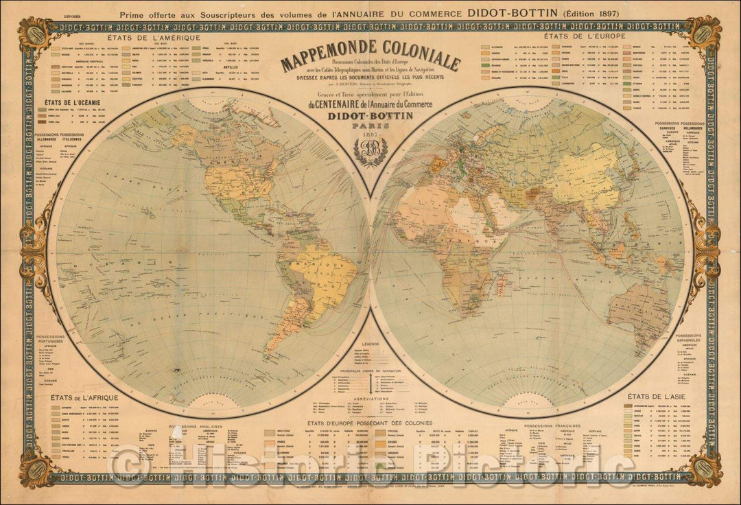 Historic Map - Mappemonde Coloniale Possessions Coloniales des Etats d'Europe avec/Globe Colonial Colonial possessions of the European states, 1897, C. Dencede - Vintage Wall Art