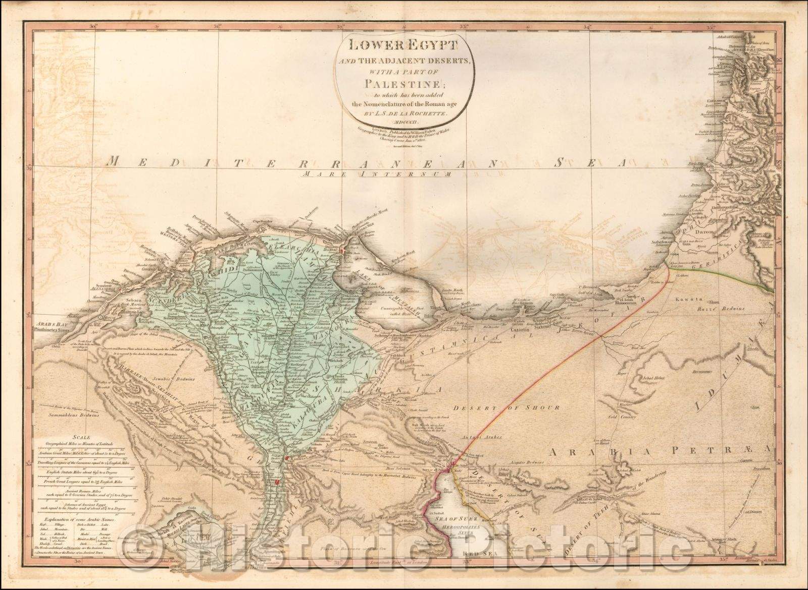 Historic Map - Lower Egypt and The Adjacent Deserts, with a part of Palestine; to which has been added the Nomenclature of the Roman Age, 1802, William Faden - Vintage Wall Art