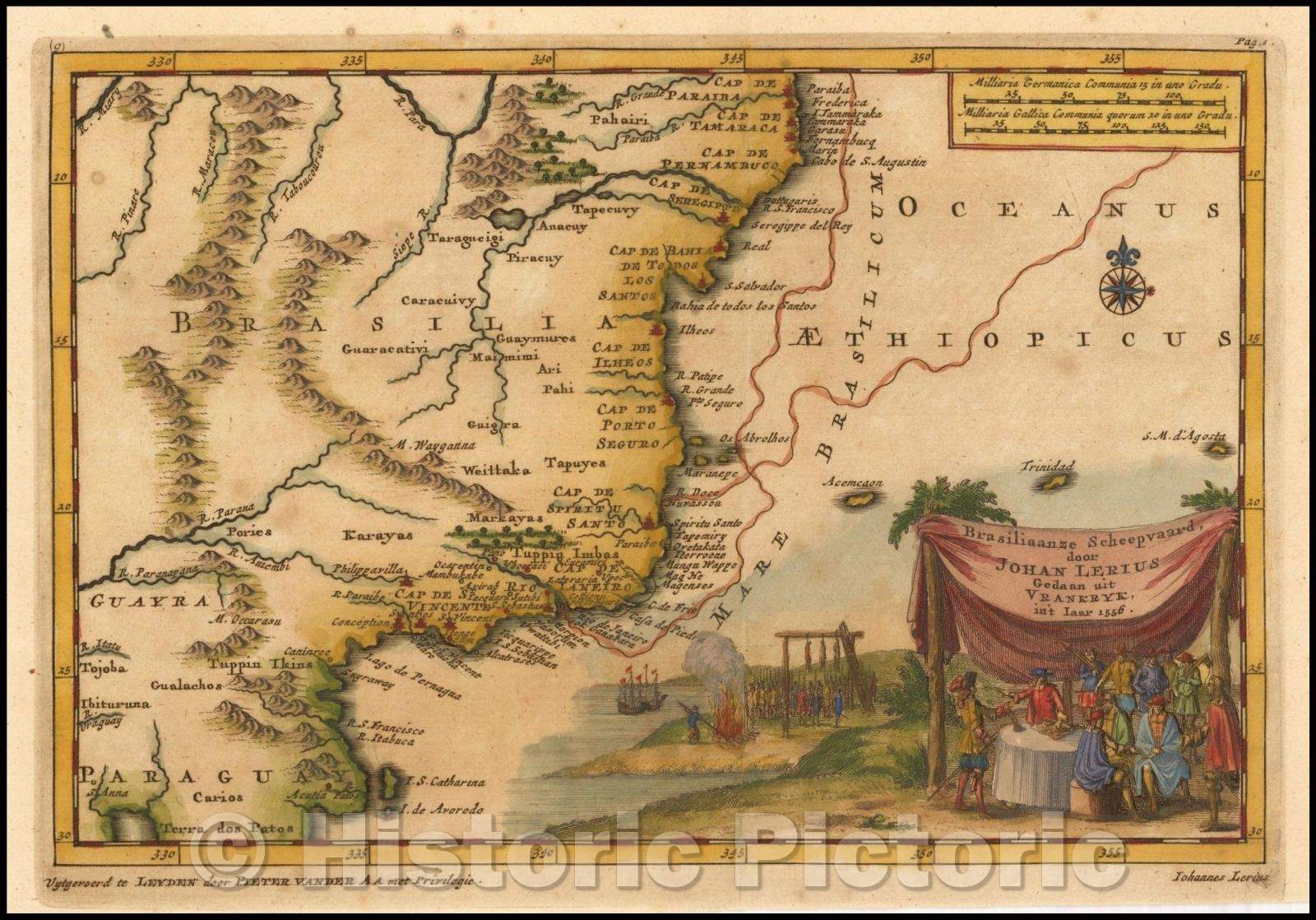 Historic Map - Brasiliaanze Scheepvaard door Johan Lerus Gedaan uit Vrankryk in't Iaar 1556 / Map of Brazil, 1700, Pieter van der Aa - Vintage Wall Art