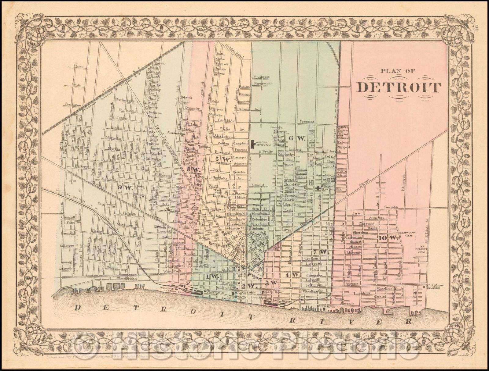 Historic Map - Plan of Detroit, 1879, Samuel Augustus Mitchell Jr. - Vintage Wall Art