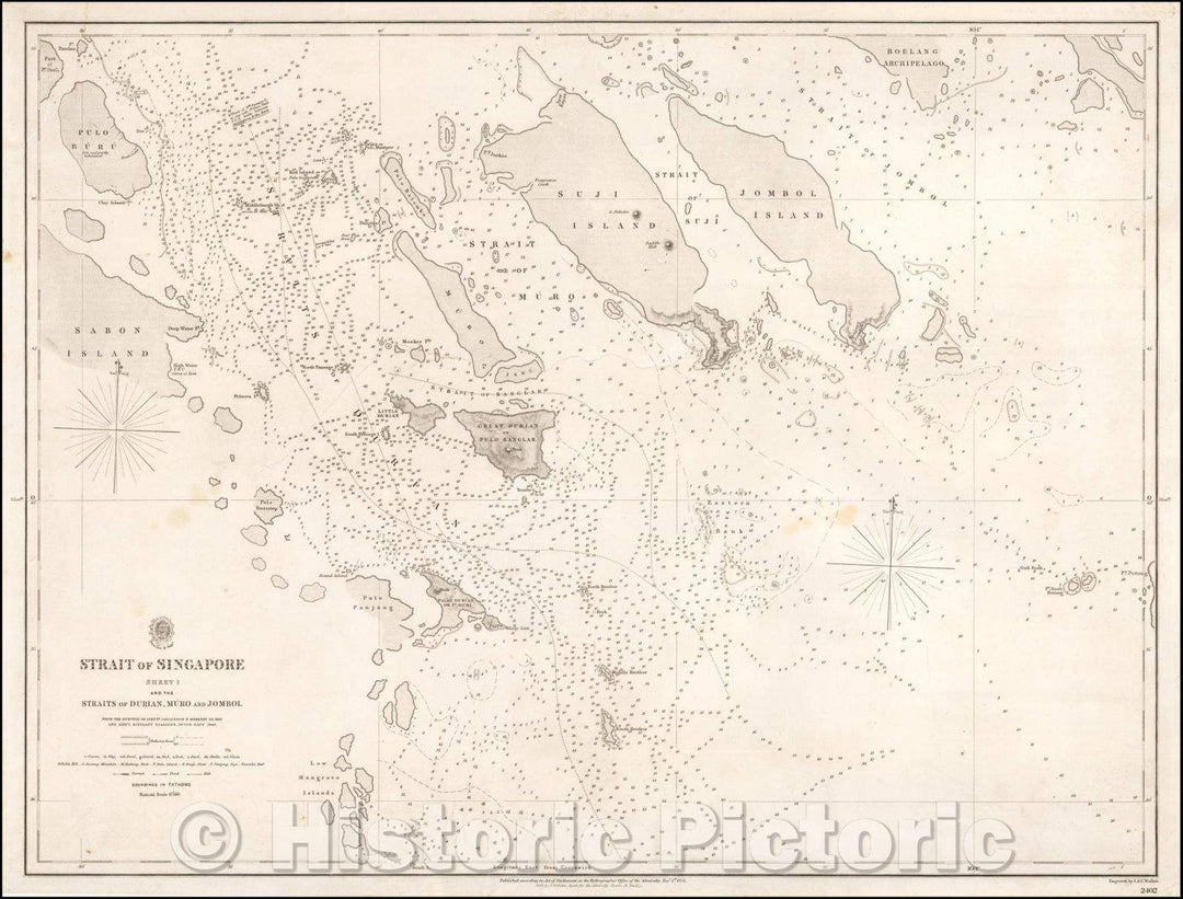 Historic Map - Strait of Singapore Sheet 1 and the Straits of Durian, Muro and Jombol From the Surveys of Lieuts. Collinson & Mores, 1855, British Admiralty - Vintage Wall Art