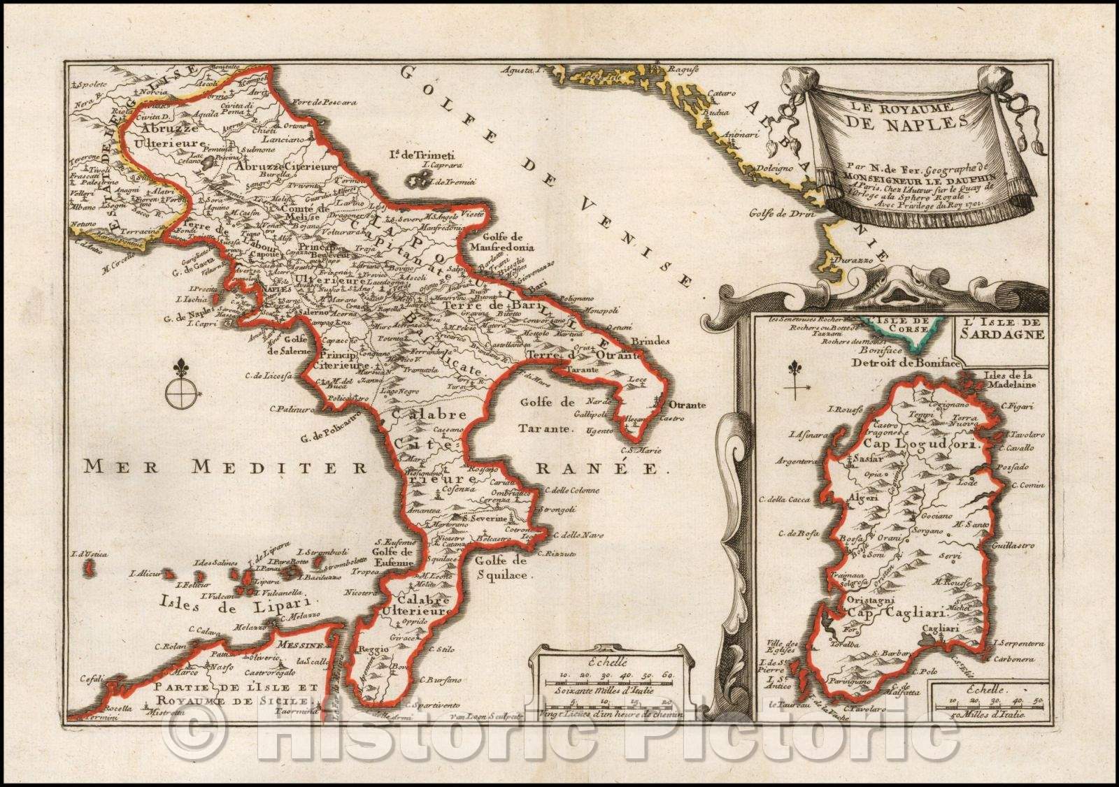 Historic Map - Les Royaume De Naples .1702 / Map of Southern Italy and part of Sicily, 1702, Nicolas de Fer - Vintage Wall Art