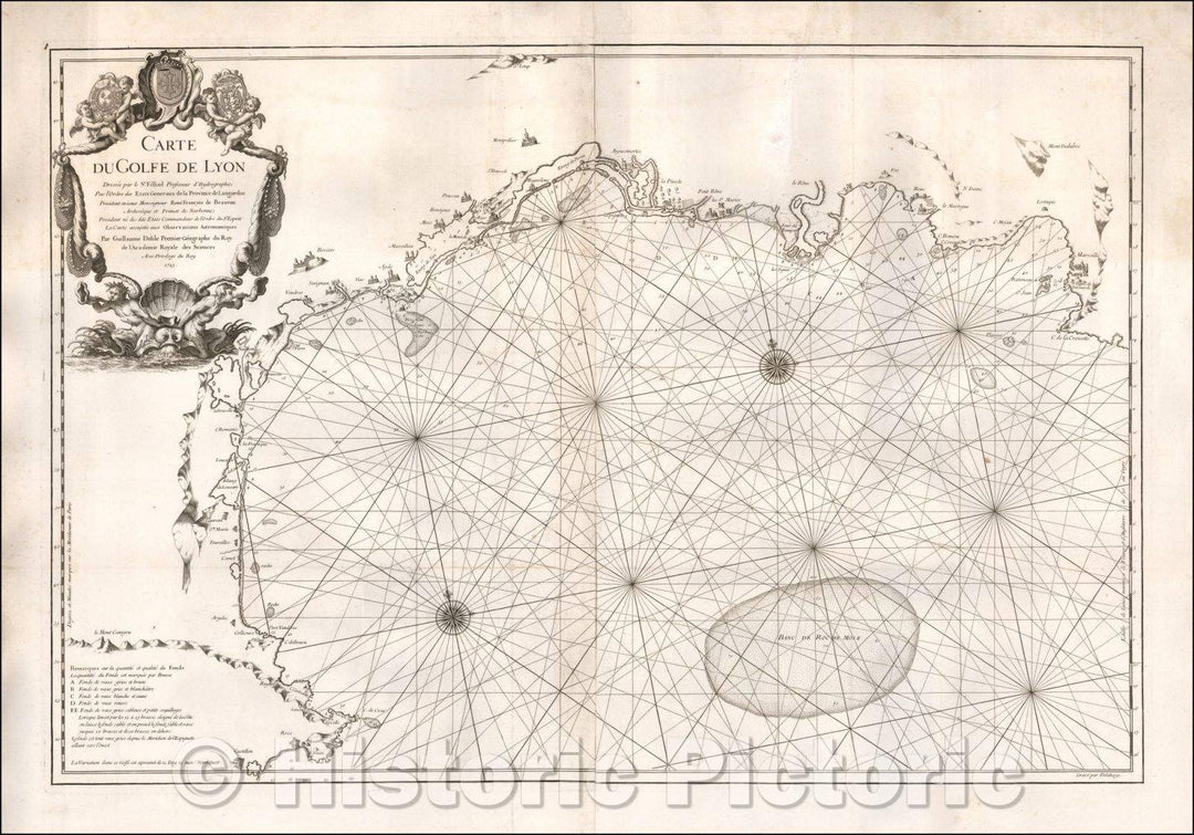 Historic Map - Carte du Golfe de Lyon Dressee par le Sr. Filliol Professeur d'Hydrographie/Sea Chart of the Gulf of Lyon, De L'Isle in 1725, 1725, - Vintage Wall Art