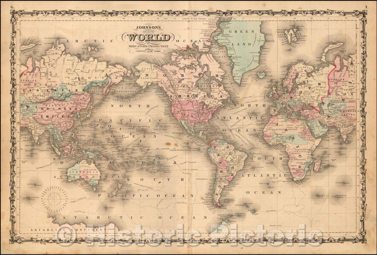 Historic Map - Johnson's Map of the World on Mercator's Projection, 1866, Benjamin P Ward v2