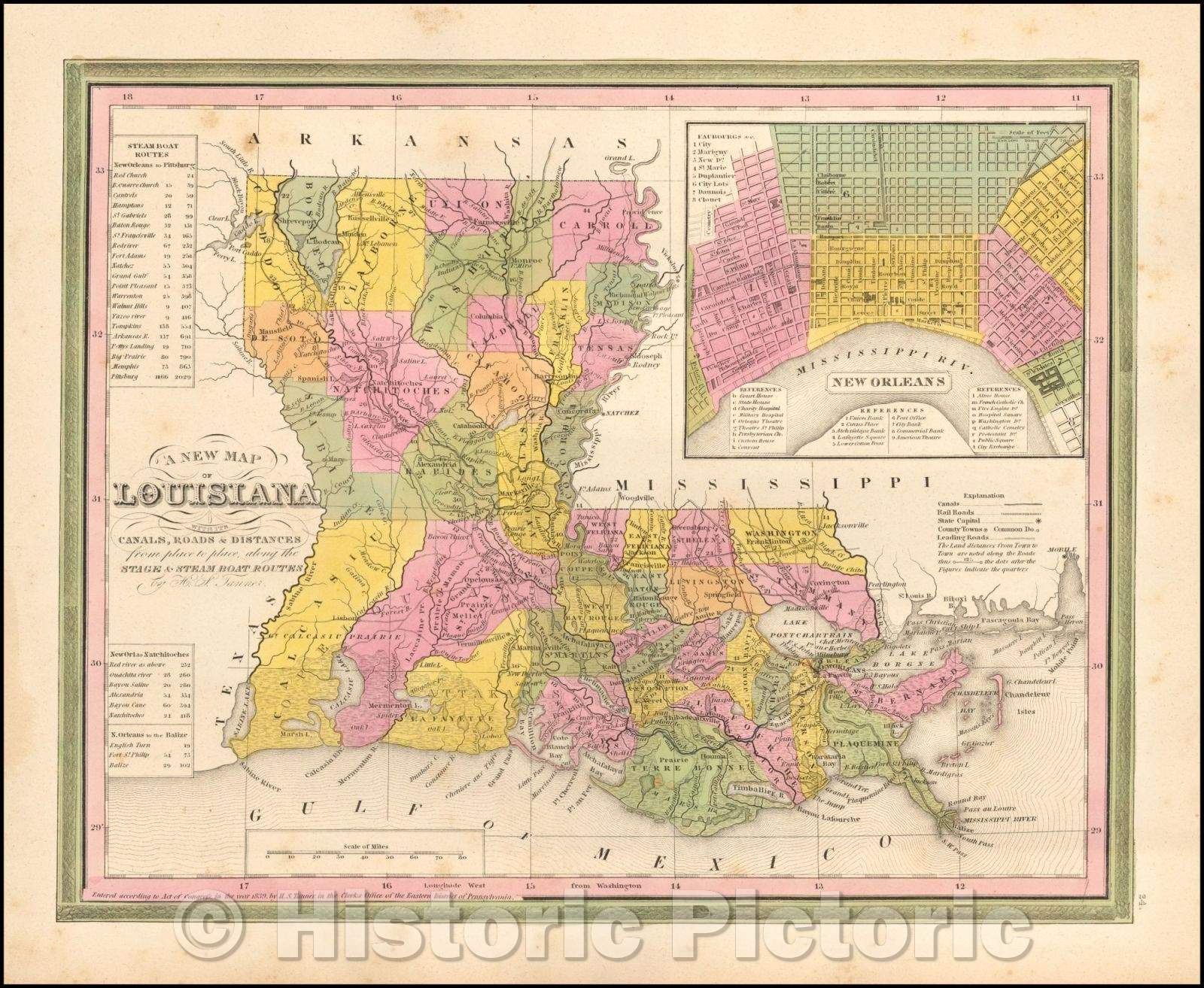 Historic Map - Louisiana with its Canals, Roads & Distances. H.S. Tanner. (inset map of New Orleans), 1839, Henry Schenk Tanner - Vintage Wall Art