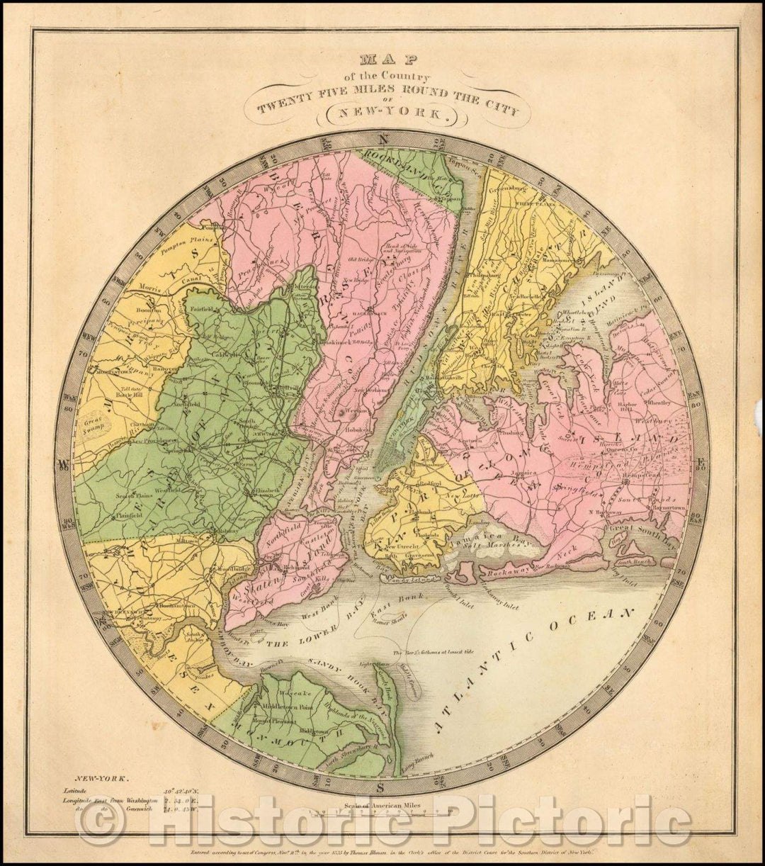 Historic Map - Map of the Country Twenty Five Miles Round The City of New-York, 1834, David Hugh Burr - Vintage Wall Art