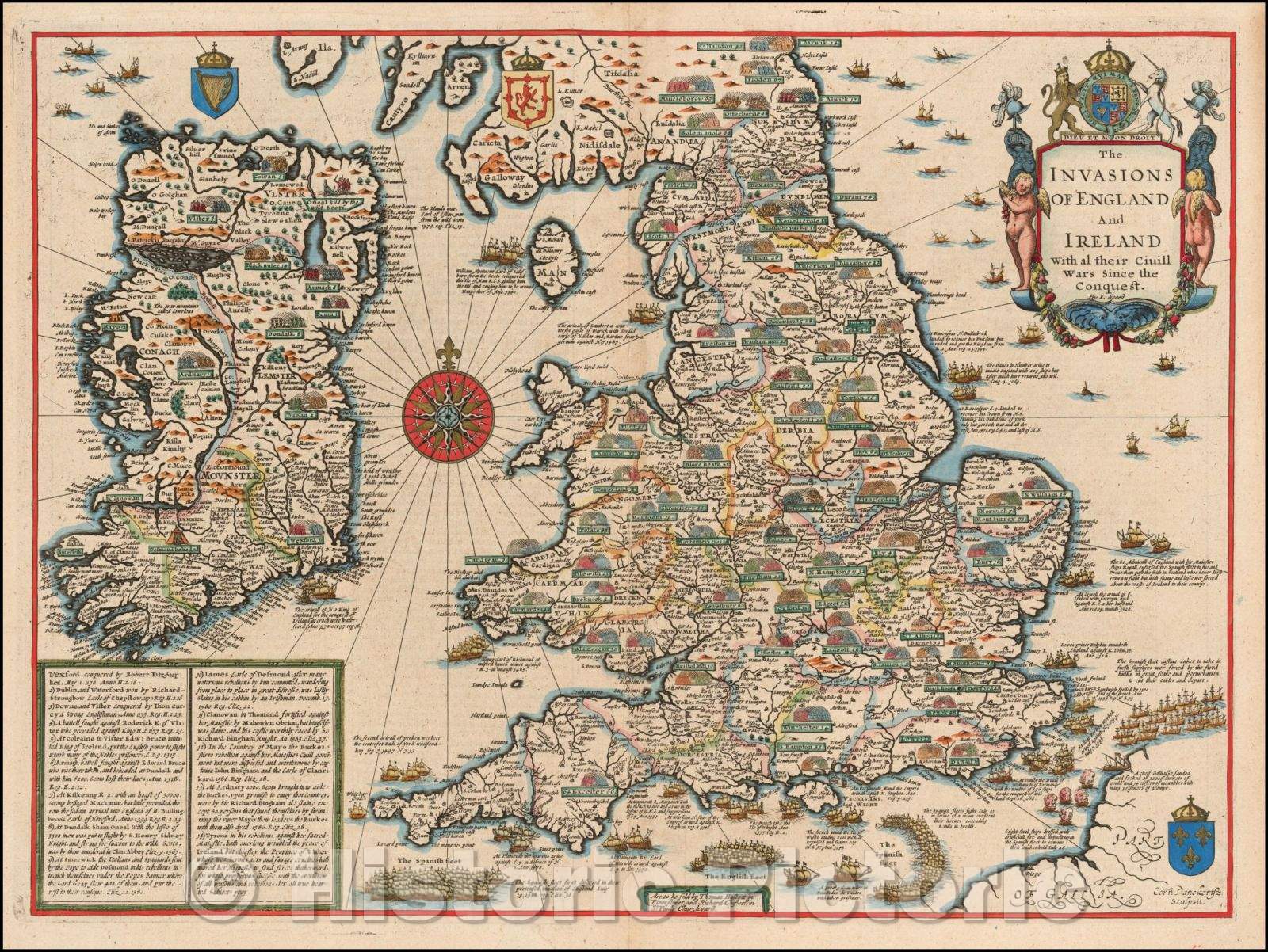 Historic Map - The Invasions of England and Ireland with al their Civill Wars Since the Conquest, 1676, John Speed - Vintage Wall Art