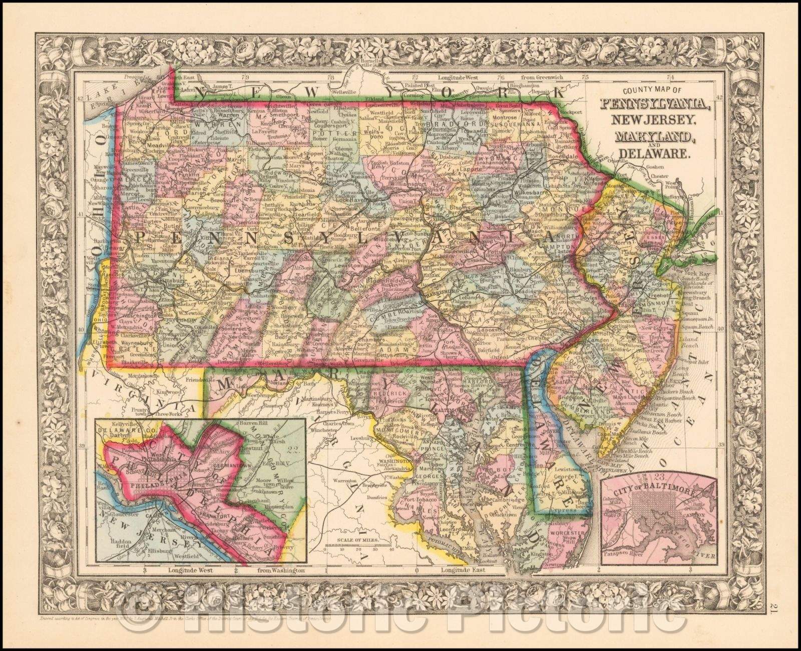 Historic Map - County Map of Pennsylvania, New Jersey, Maryland, and Delaware (Inset - Baltimore and Philadelphia), 1863, Samuel Augustus Mitchell Jr. - Vintage Wall Art