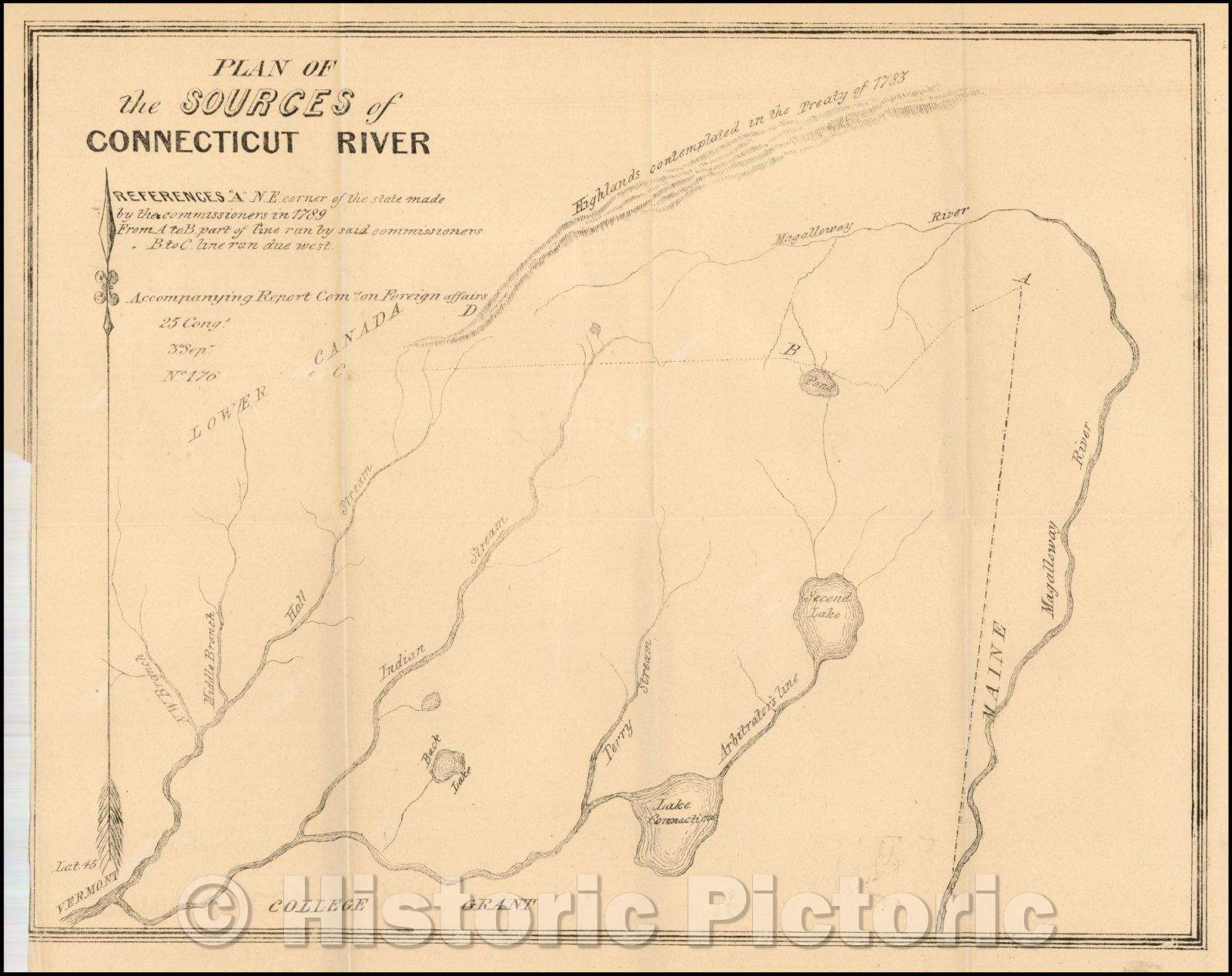 Historic Map - Indian Stream Republic Report and Map Plan of the Sources of Connecticut River, 1839, United States GPO - Vintage Wall Art