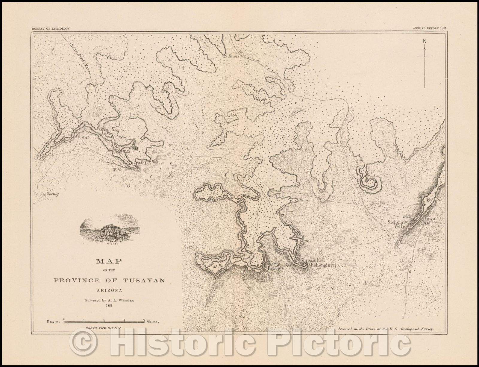 Historic Map - Map of the Province of Tusayan Arizona Surveyed, 1881, U.S. Geological Survey - Vintage Wall Art