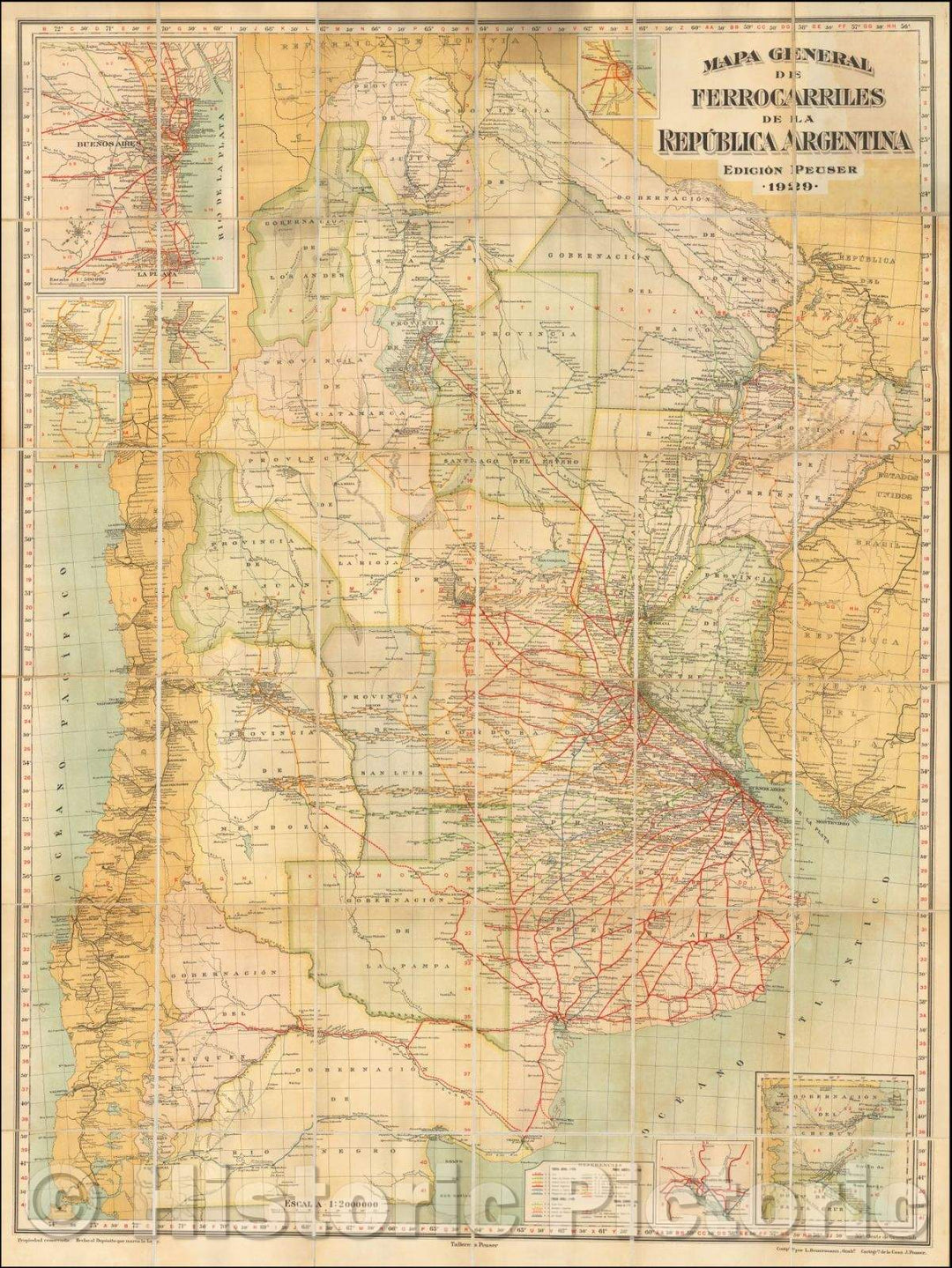 Historic Map - Mapa General Des Ferrocarriles de la Republica Argentina Edicion Peuser/Railroad Map of Argentina, published in 1929 by Casa J. Peuser, 1929 - Vintage Wall Art