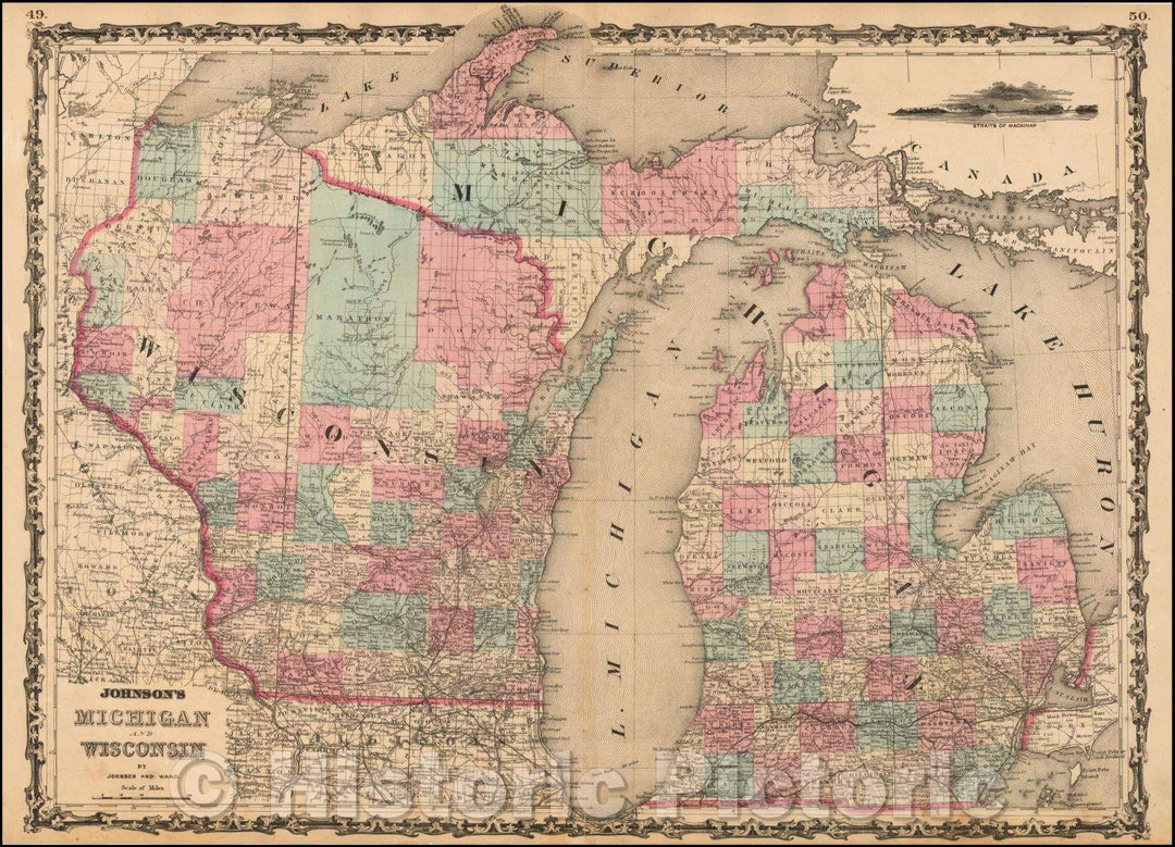 Historic Map - Johnson's Michigan and Wisconsin, 1862, Benjamin P Ward - Vintage Wall Art