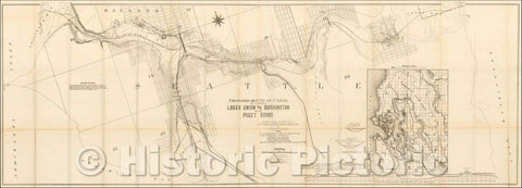 Historic Map - Proposed Route of Canal To Connect Lakes Union and Washington with Puget Sound, 1891, United States Bureau of Topographical Engineers - Vintage Wall Art