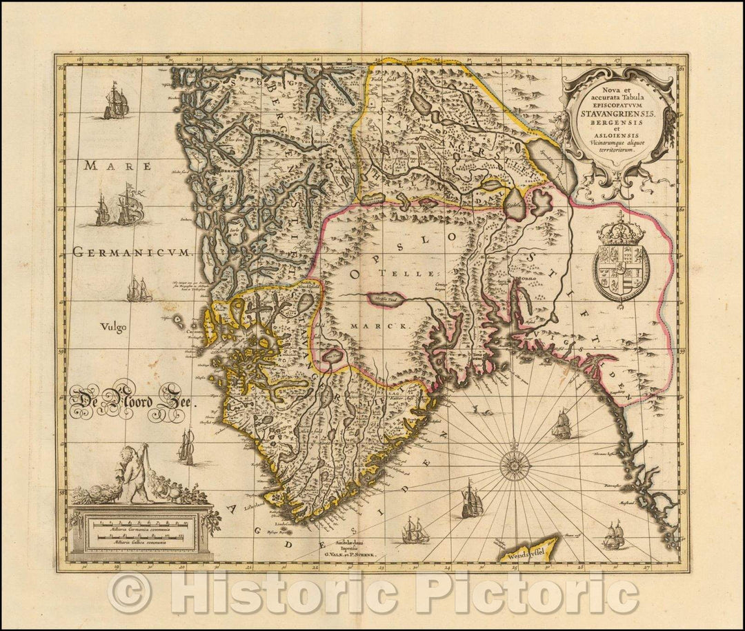 Historic Map - Nova et accurata Tabula Episcopatum Stavangriensis. Bergensis/Map of southern Norway, centered on the Oslo Region, 1680, Peter Schenk - Vintage Wall Art