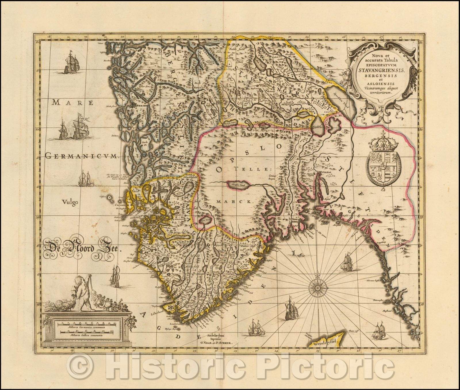 Historic Map - Nova et accurata Tabula Episcopatum Stavangriensis. Bergensis/Map of southern Norway, centered on the Oslo Region, 1680, Peter Schenk - Vintage Wall Art