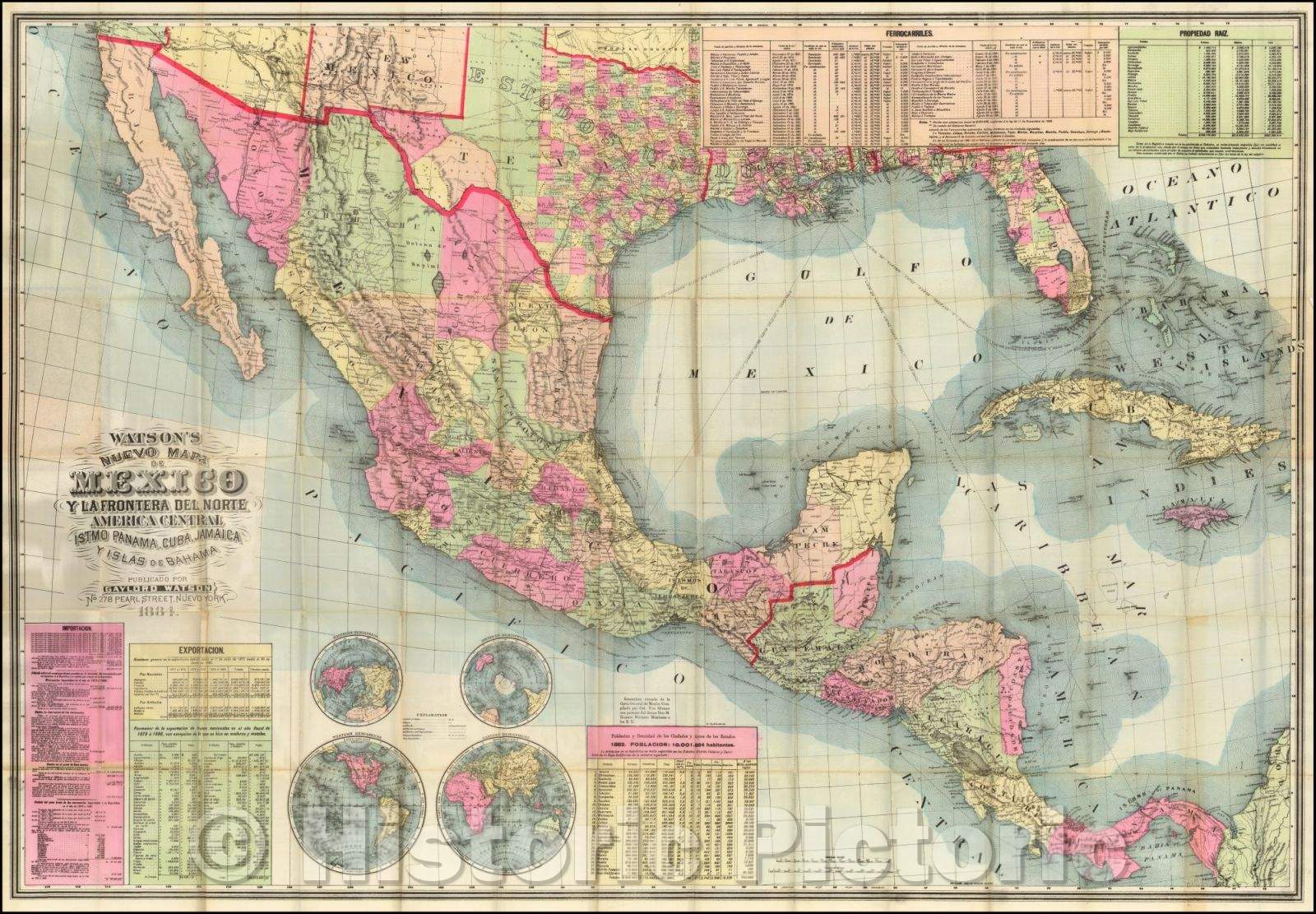 Historic Map - Watson's Nuevo Mapa de Mexico y La Frontera Del Norte America Central Tstmo Panam/Map of Mexico, in Spanish, 1884, Gaylord Watson - Vintage Wall Art