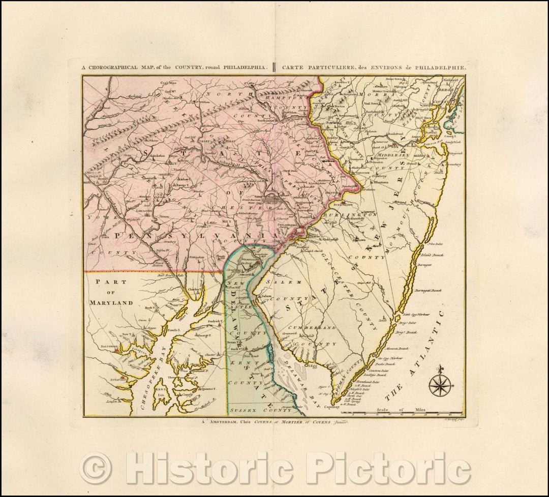 Historic Map - A Chorographical Map, of the Country, round Philadelphia/Carte Particuliere, des Environs de Philadelphie, 1778, Covens & Mortier - Vintage Wall Art