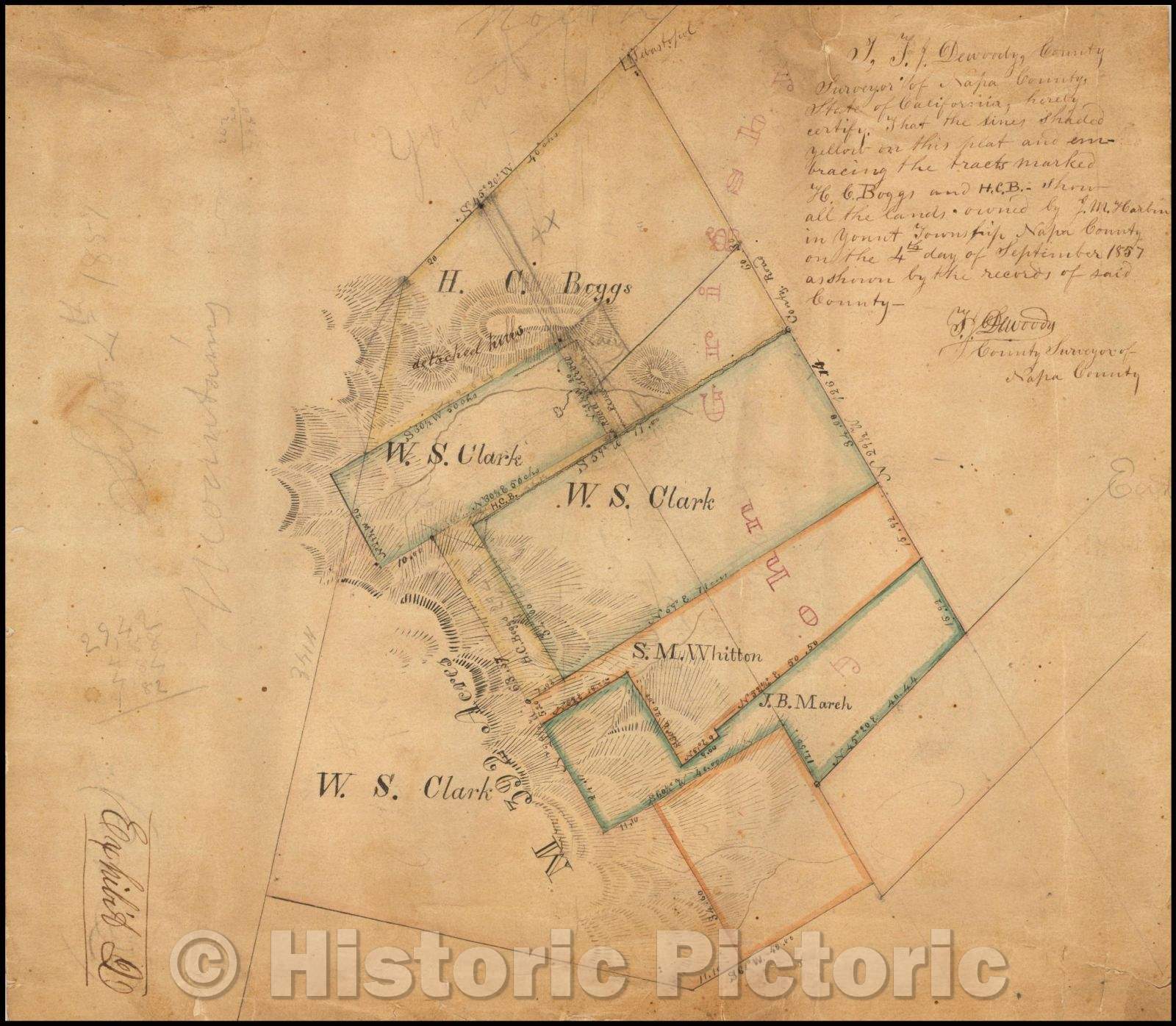 Historic Map - Yountville Manuscript Map, 1857, - Vintage Wall Art