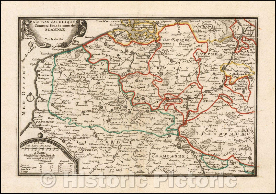 Historic Map - Pais Bas Catoliques. Connues sous le nom De Flandre/Regional Map of part of Belgium. Shows towns, roads, rivers, lakes, canals, etc, 1701 - Vintage Wall Art