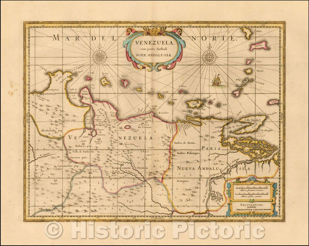 Historic Map - Venezuela cum parte Australi Novae Andalusiae, 1690, Peter Schenk - Vintage Wall Art