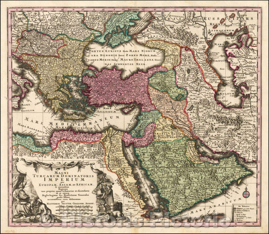 Historic Map - Magni Turcarum Dominatoris Imperium per Europam, Asiam, et Africam se extendens Regiones tam proprias quam tributarias et clientelares, 1727 - Vintage Wall Art