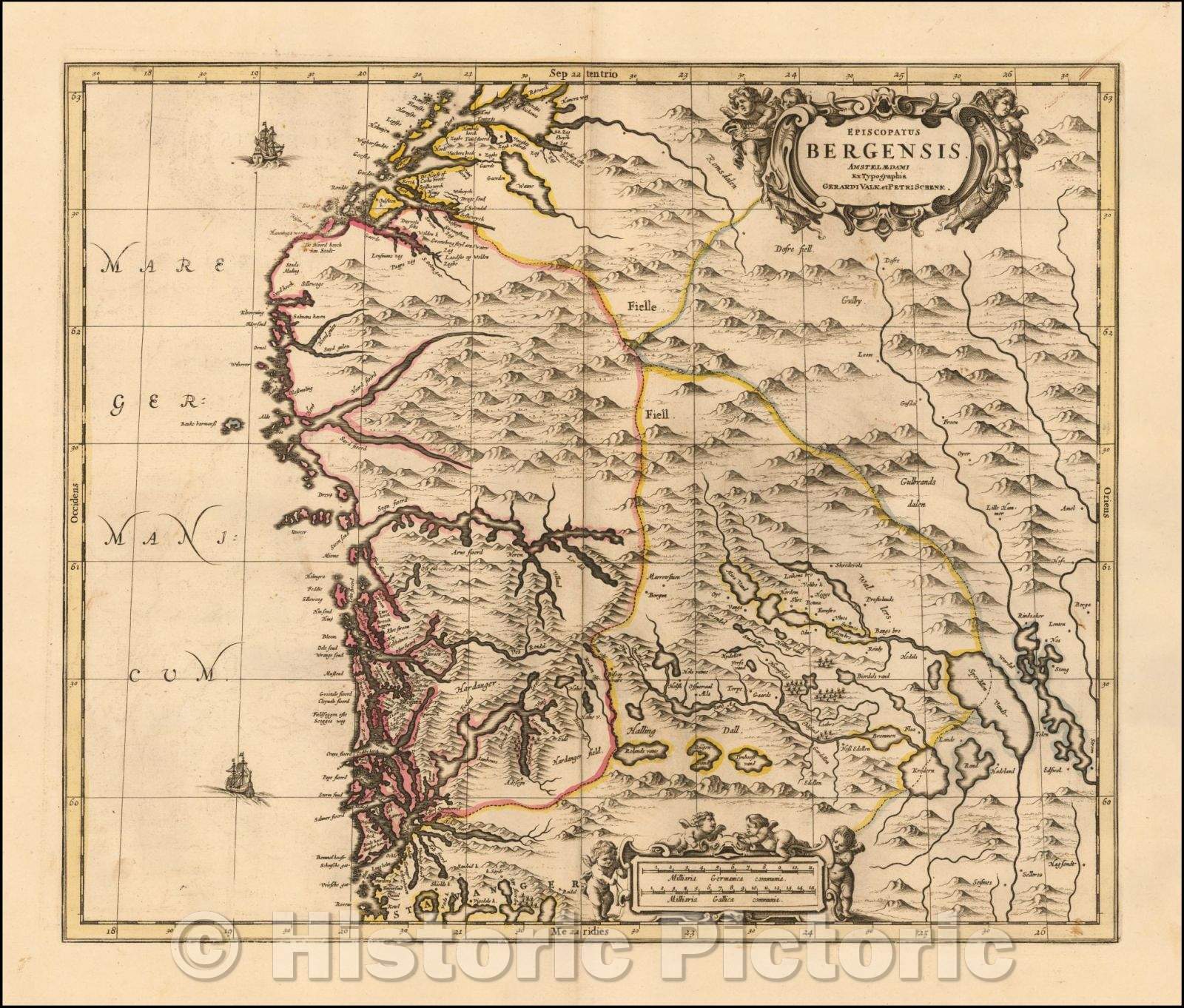 Historic Map - Episcopatus Bergensis/Map of the Bergen Region of Norway, 1680, Peter Schenk - Vintage Wall Art