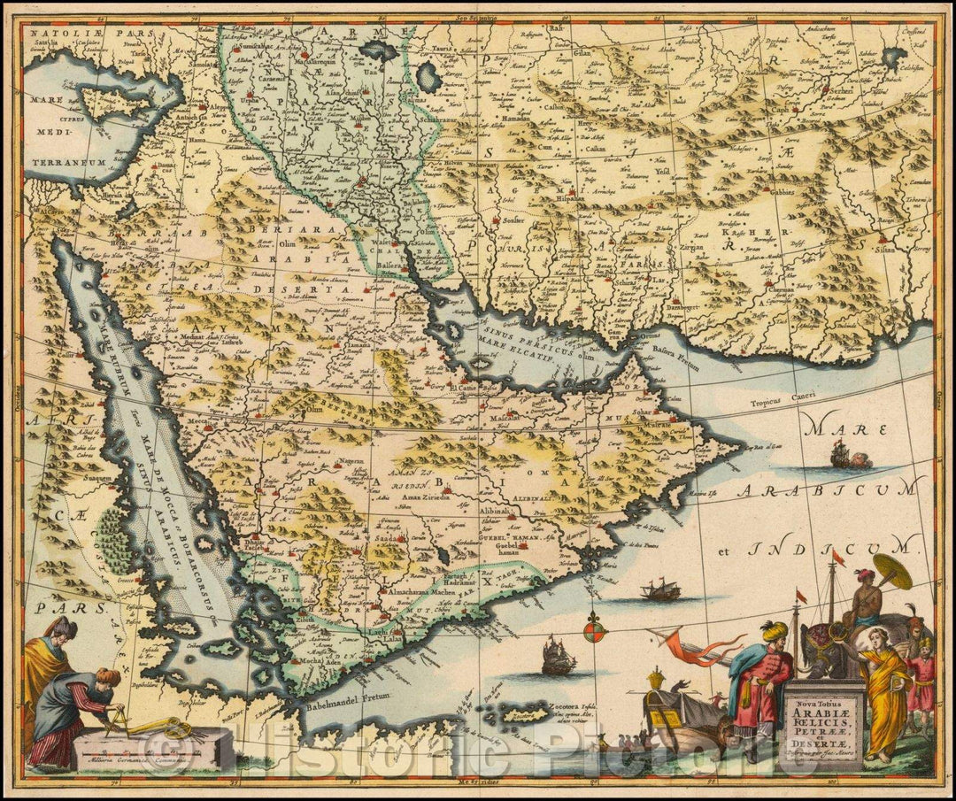 Historic Map - Nova Totius Arabiae Foelicis, Petraeae, et Desertae/Jacob Meurs Map of the Arabiana Peninsula, Red Sea Persian Empire, 1680, Jacob Meurs - Vintage Wall Art