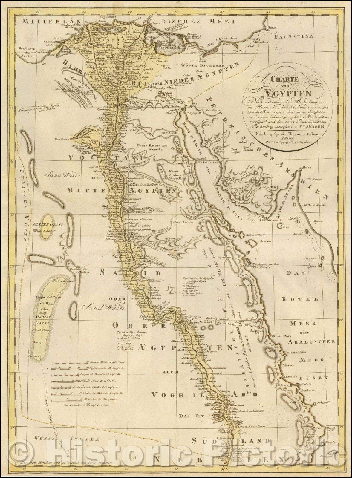 Historic Map - Charte von Aegypten Nach astronomischen Beobachtungen, den Reisen von Niebuhr, Norden :: Egypt adn the Nile River to just South of Assuan, 1800 - Vintage Wall Art