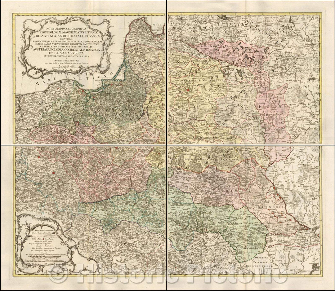 Historic Map - Nova Mappa Geographica Regni Poloniae, Magni Ducatus Lithuaniae/Georg Freidrich Utz's Map of Poland, first issued in 1773, 1788, - Vintage Wall Art