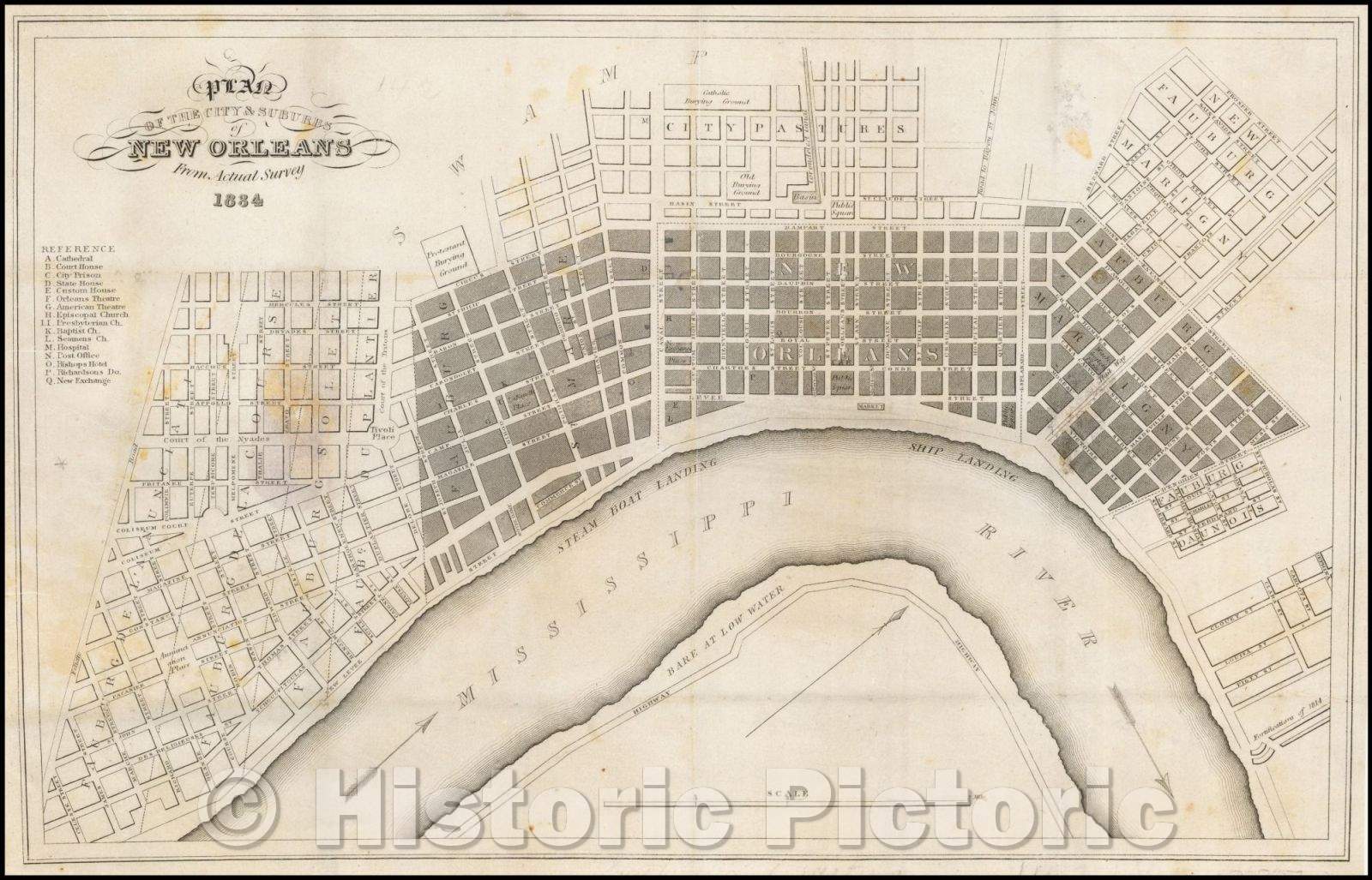 Historic Map - Plan of the City & Suburbs of New Orleans From Actual Survey, 1834, Anonymous - Vintage Wall Art