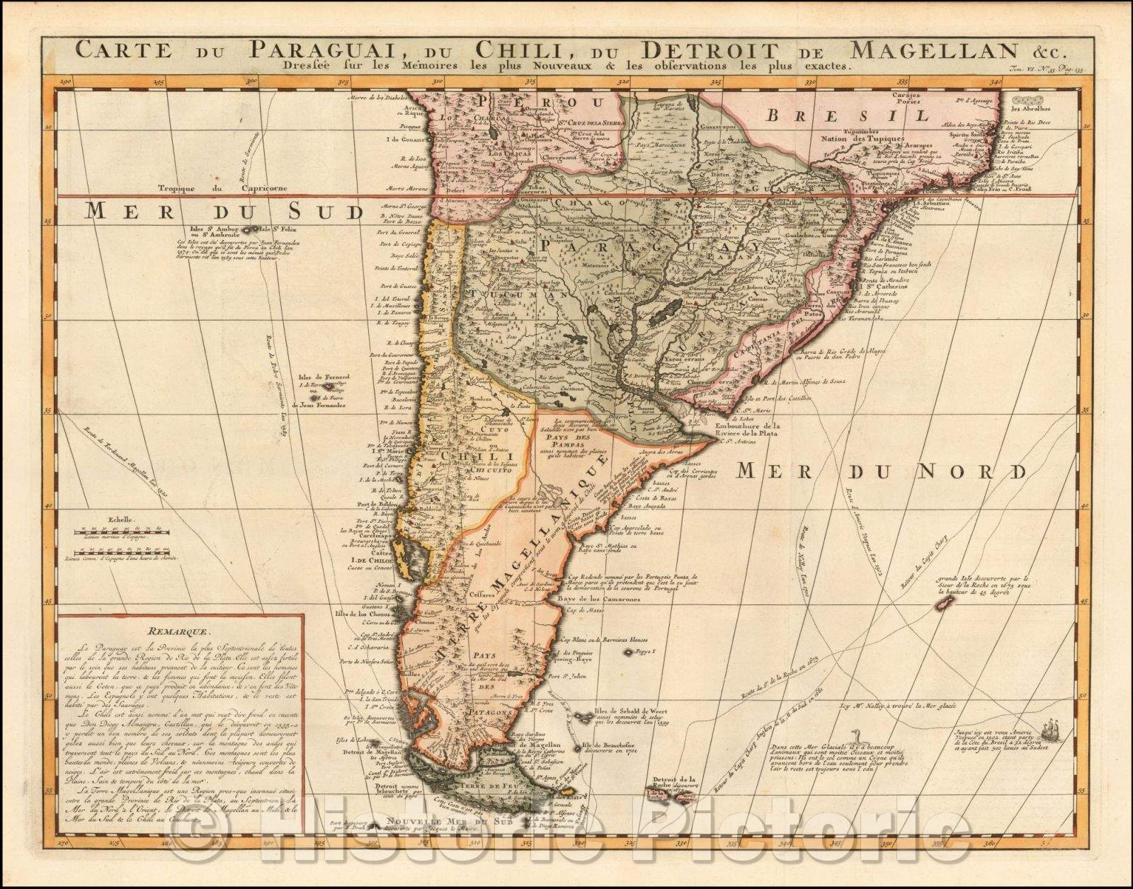 Historic Map - Carte du Paraguai, du Chili, du Detroit de Magellan/Large Map of the southern half of South America, 1714, Henri Chatelain - Vintage Wall Art