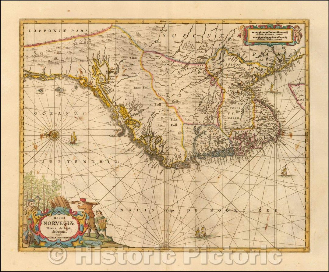 Historic Map - Regni Norvegiae Nova et Accurata descriptio/Moses Pitt edition of this separate Map of Norway, 1680, Peter Schenk - Vintage Wall Art