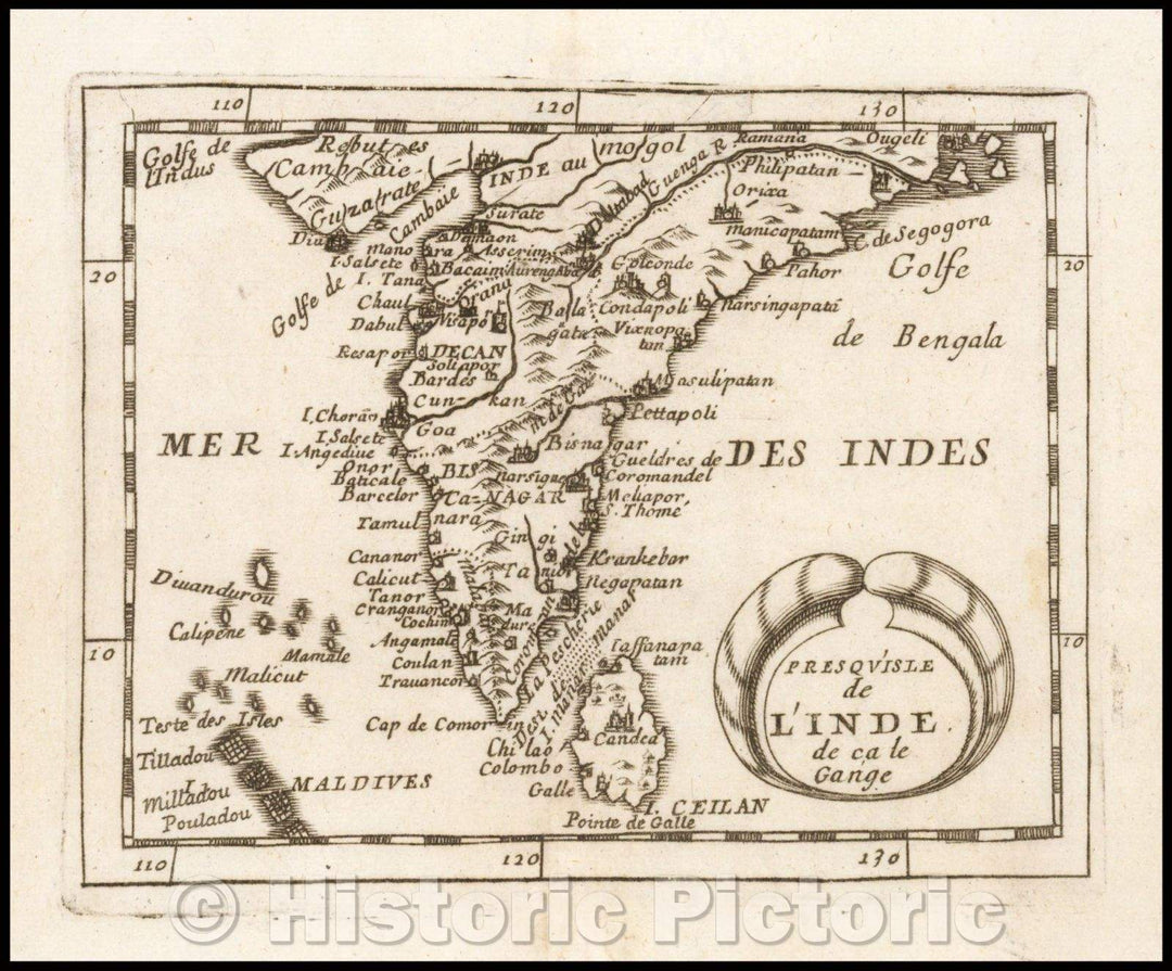 Historic Map - Presqui'Isle de L'Inde de ca le Gange/Map of the southern part of India and Sri Lanka, 1676, Pierre Du Val - Vintage Wall Art