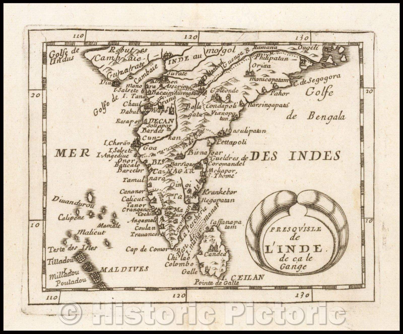 Historic Map - Presqui'Isle de L'Inde de ca le Gange/Map of the southern part of India and Sri Lanka, 1676, Pierre Du Val - Vintage Wall Art