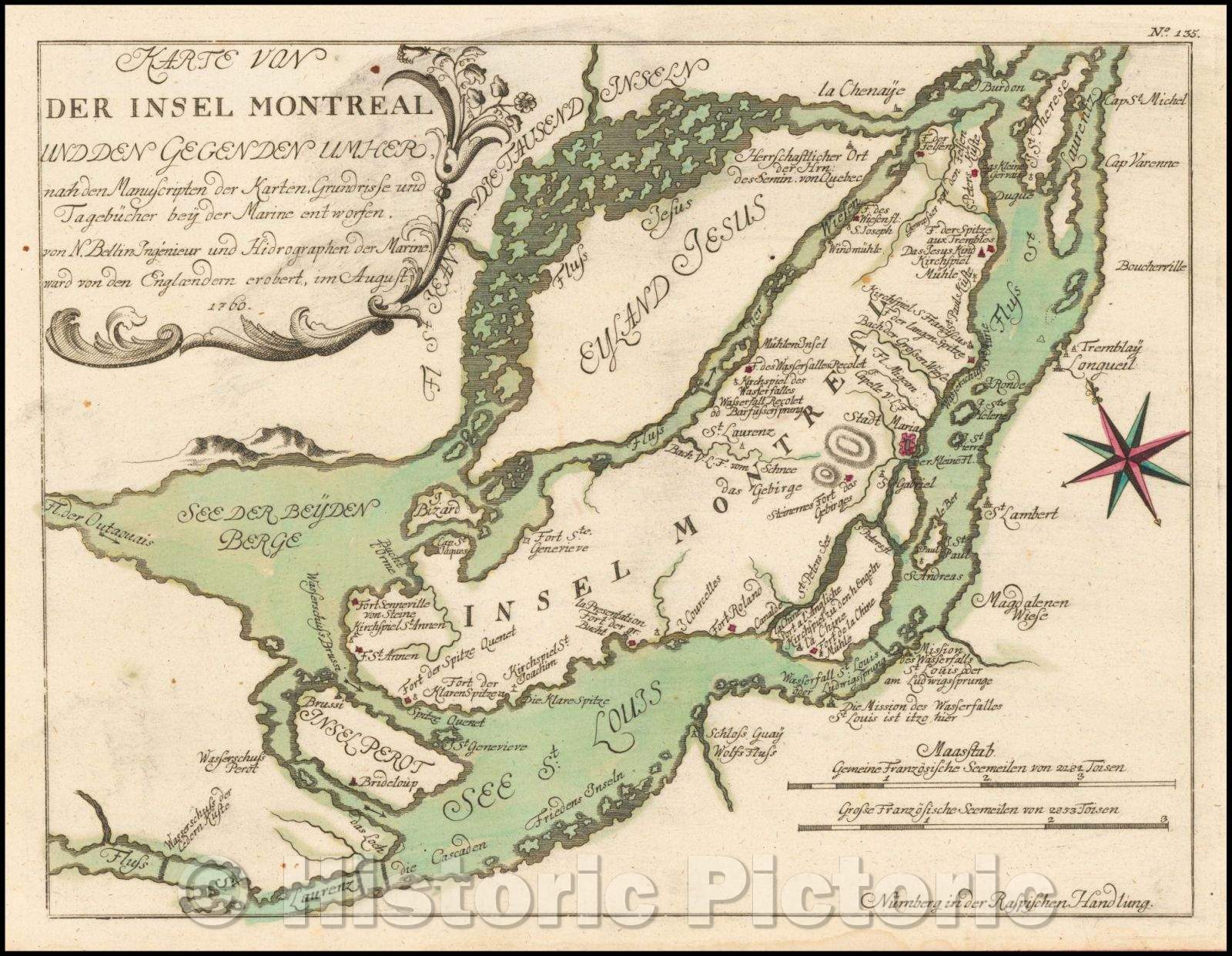 Historic Map - Karte Von Der Insel Montreal und den Gegenden Umher nach den Manuscripton/French and Indian War Plan, Montreal, 1764, Gabriel Nikolaus Raspe - Vintage Wall Art