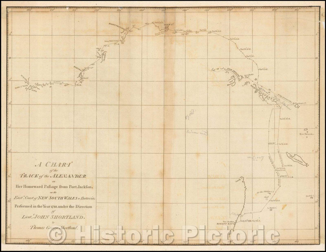 Historic Map - A Chart of the Track of the Alexander on Her Homeward Passage from Port Jackson, on the East Coast of New South Wales to Batavia, 1789 - Vintage Wall Art