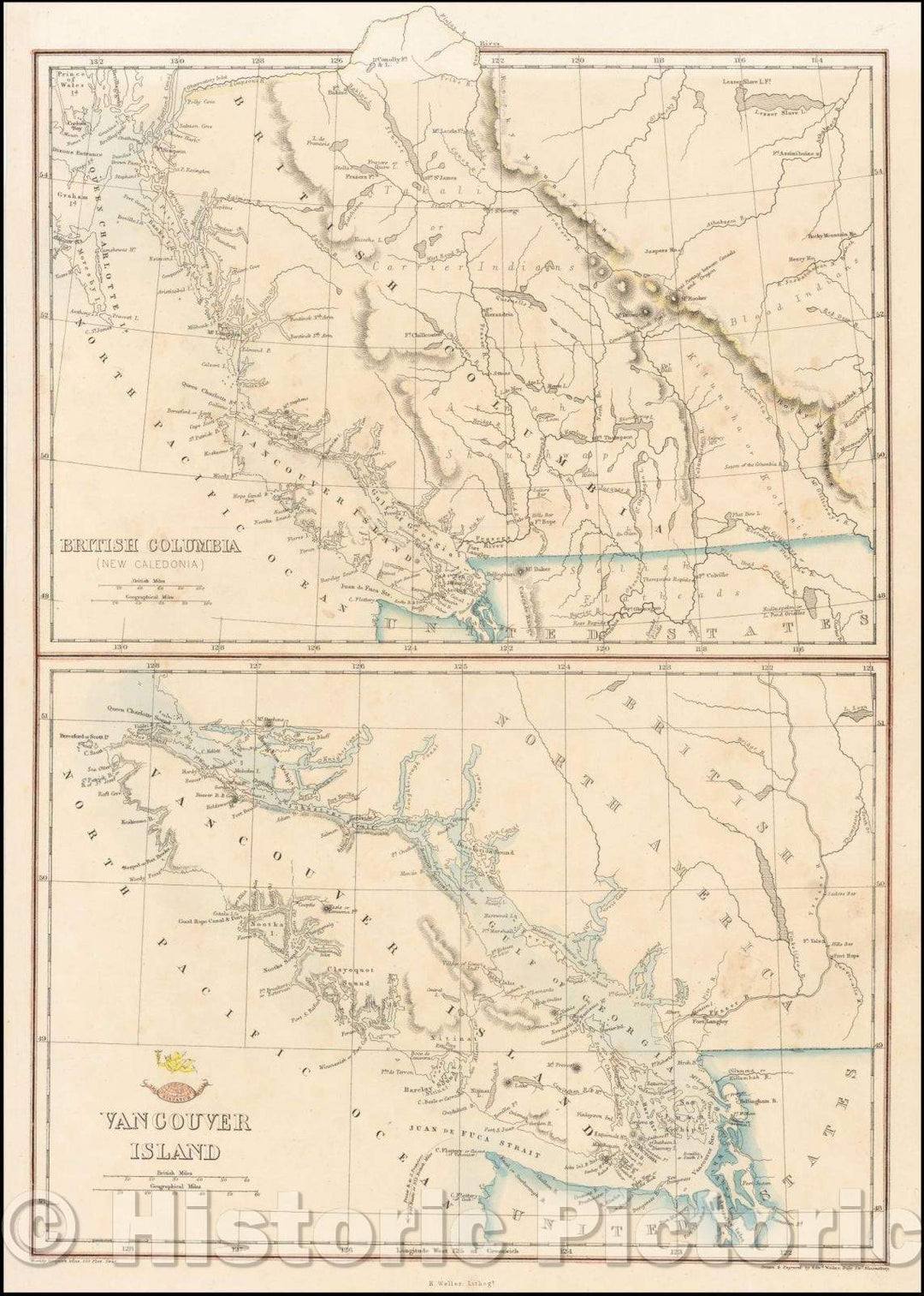 Historic Map - British Columbia (New Caledonia) and Vancouver Island, 1858, Edward Weller - Vintage Wall Art