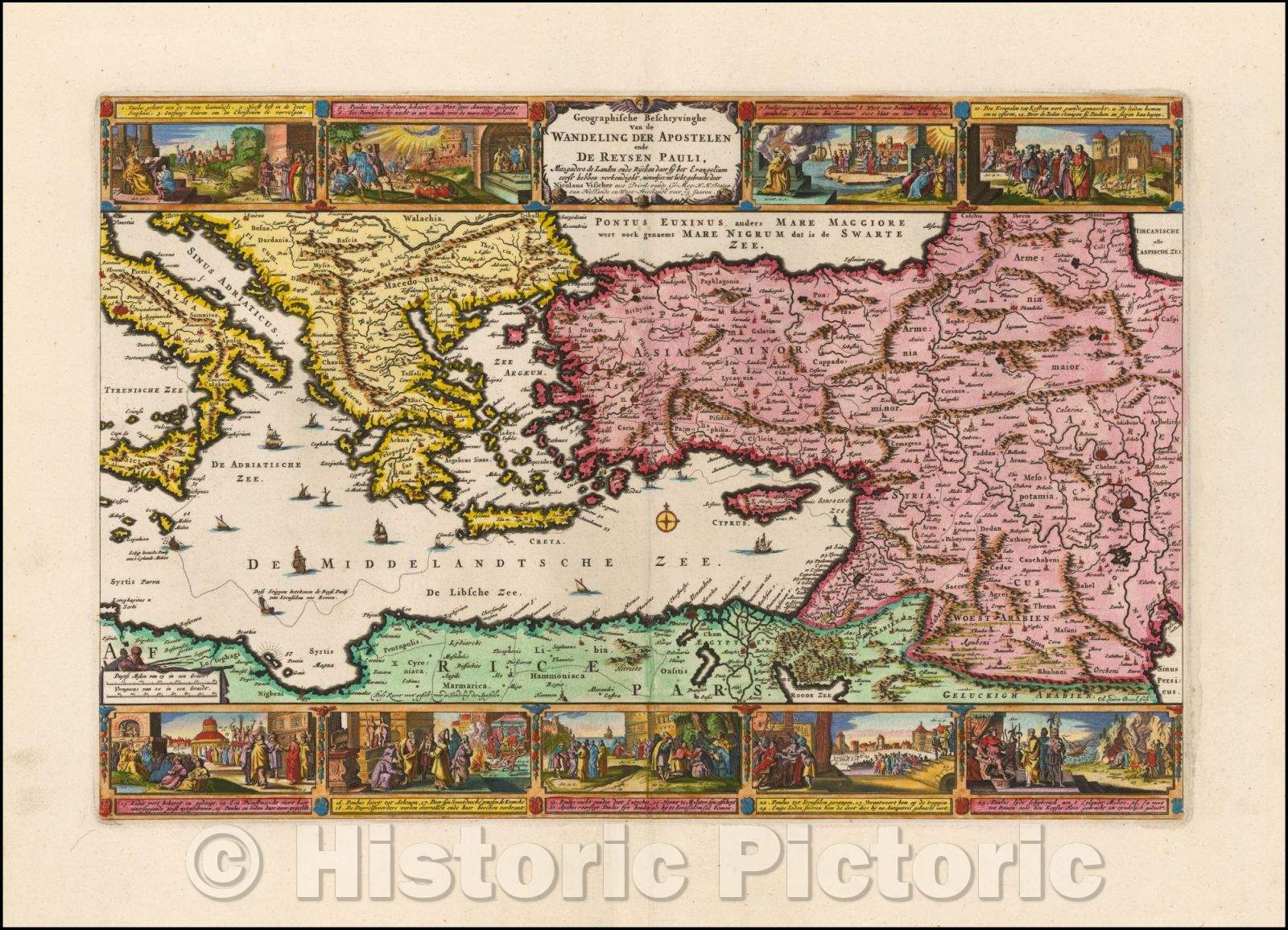 Historic Map - Geographische Beschryvinghe Van de Wandeling Der Apostelen ende De Reysen Pauli/Map of the Eastern Mediterranean, 1650, Nicolaes Visscher I - Vintage Wall Art