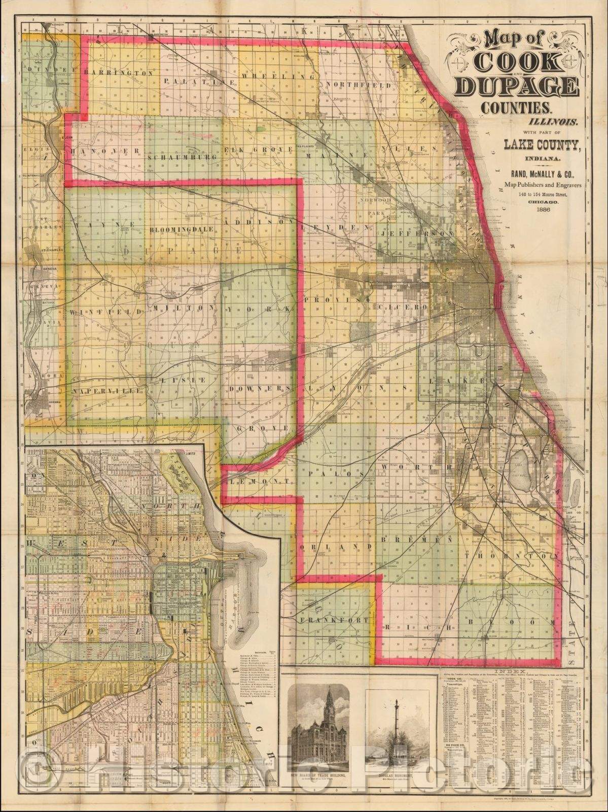 Historic Map - Map of Cook and Dupage Counties. Illinois. With Part of Lake County, Indiana, 1886, Rand McNally & Company - Vintage Wall Art