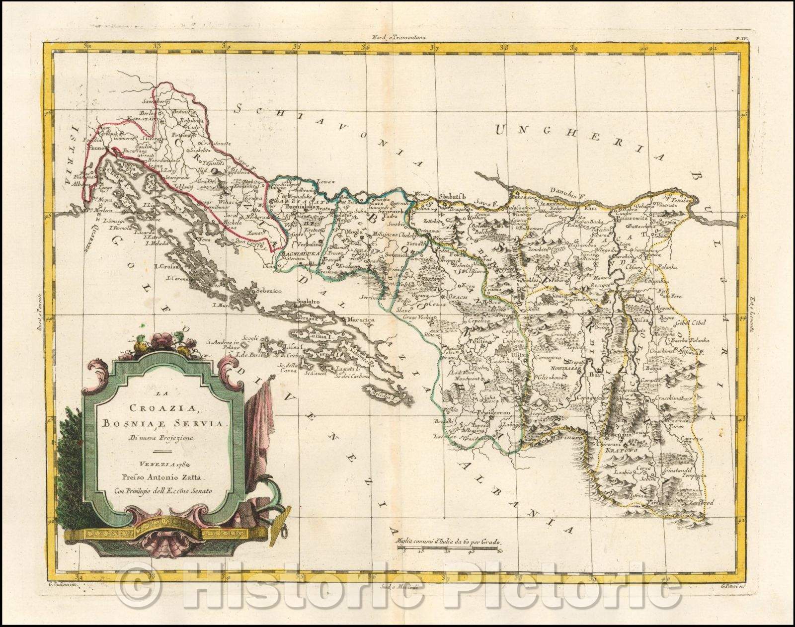 Historic Map - La Croazia, Bosnia, e Servia Di nuova Projezione/Map of Croatia, Bosnia-Herzagovenia and Serbia, 1782, Antonio Zatta - Vintage Wall Art