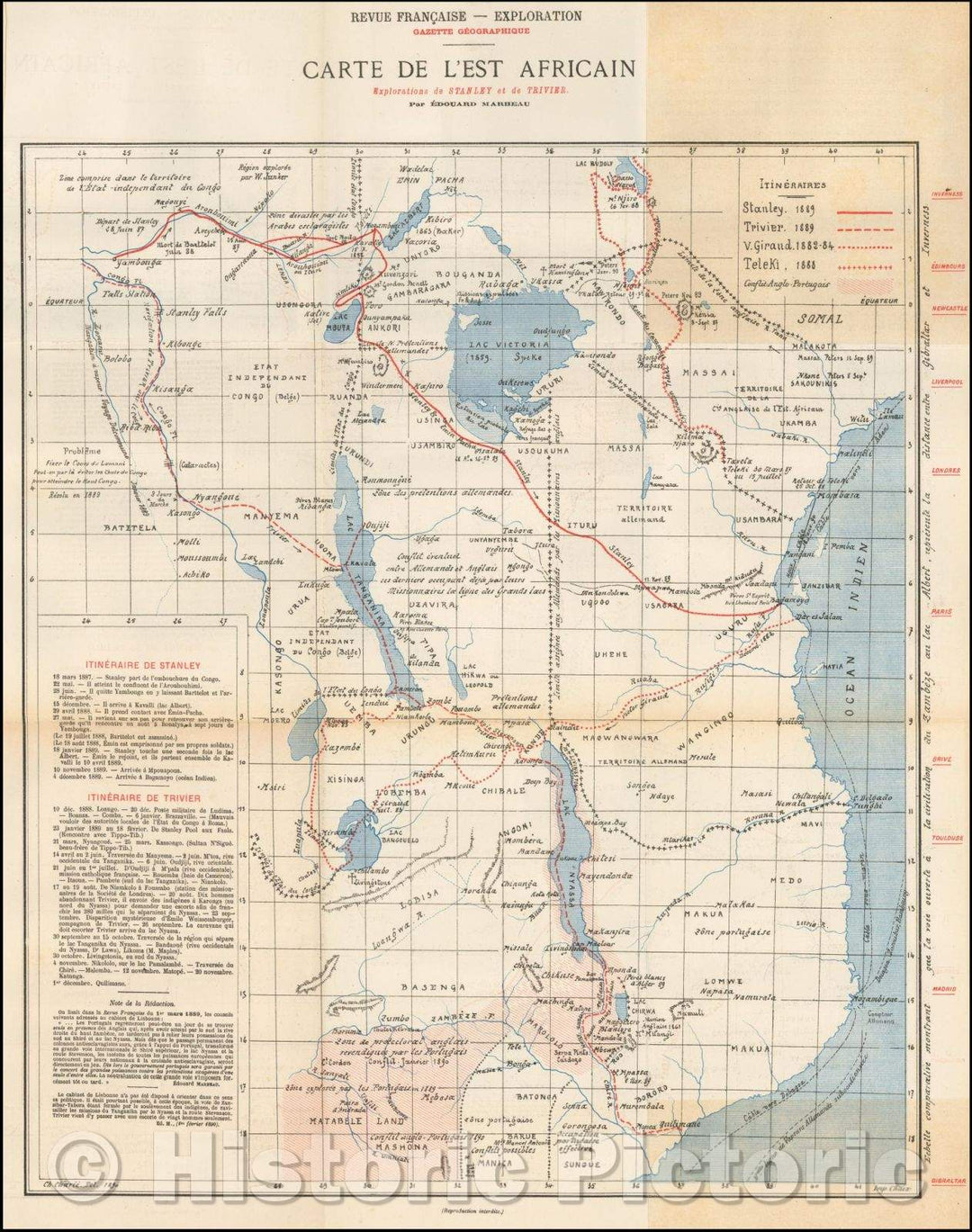 Historic Map - Carte de L'Est Africain Explorations de Stanley et de Trivier/Map of East Africa, published by the Gazette Geographique in Paris, 1890 - Vintage Wall Art