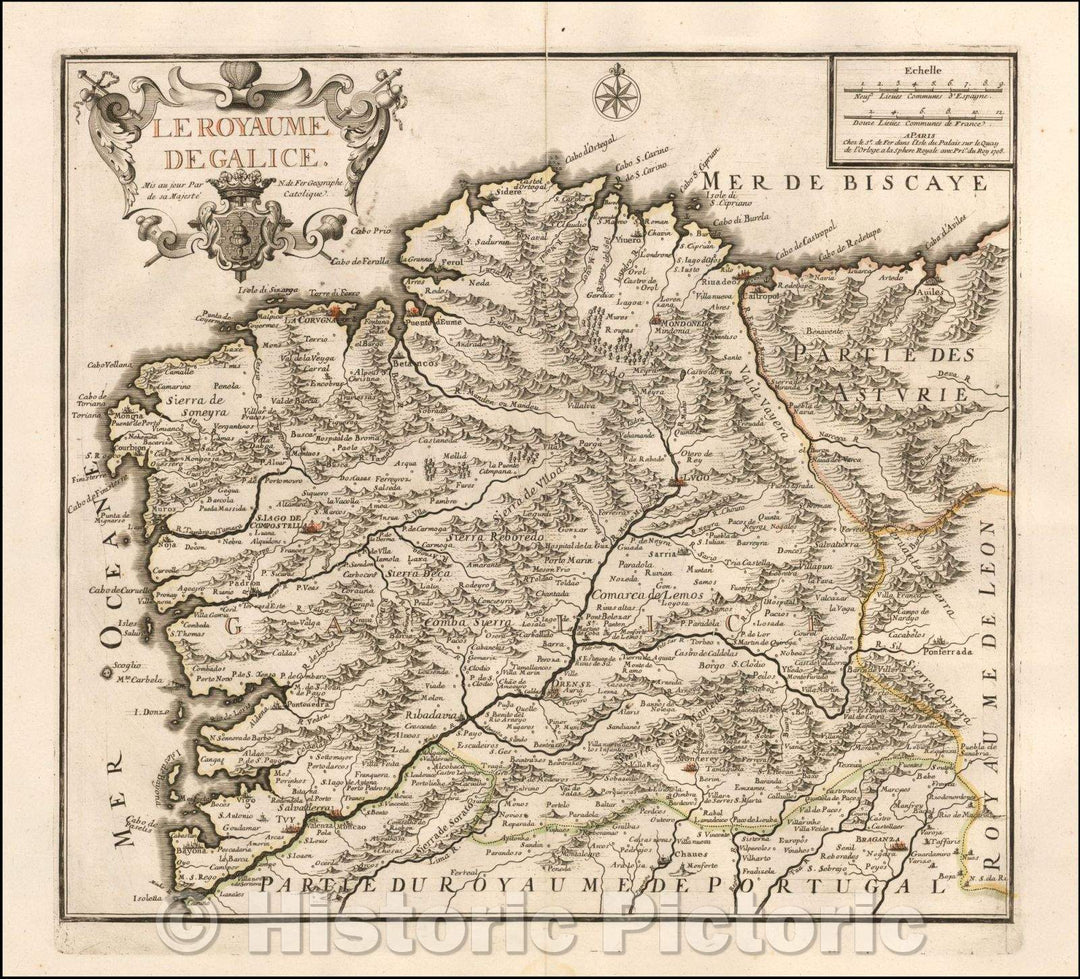 Historic Map - Le Royaume De Galice/Map of Galicia, published by Nicolas de Fer in Paris, 1708, Nicolas de Fer - Vintage Wall Art