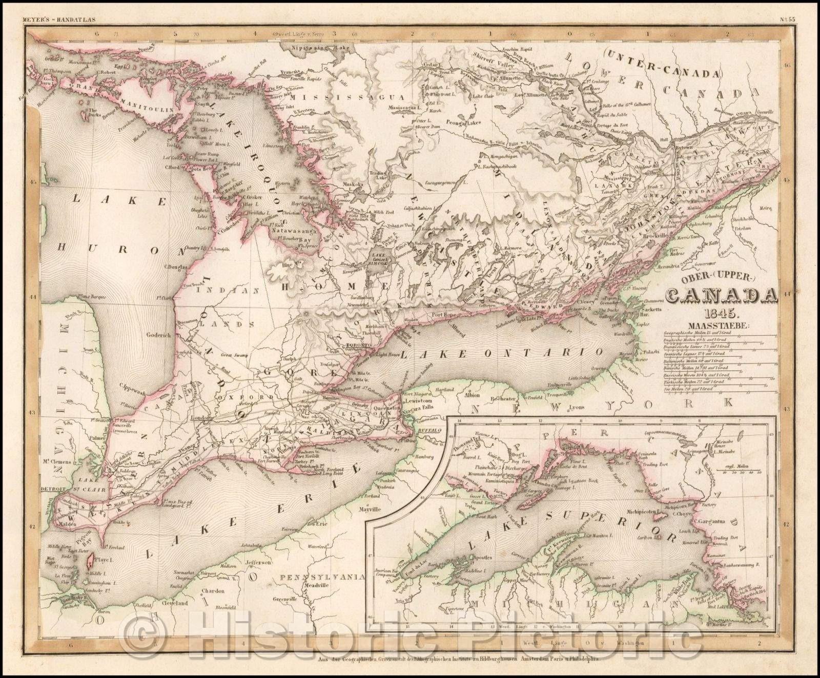 Historic Map - Ober-(Upper) Canada [Large inset of Lake Superior], 1845, Joseph Meyer - Vintage Wall Art