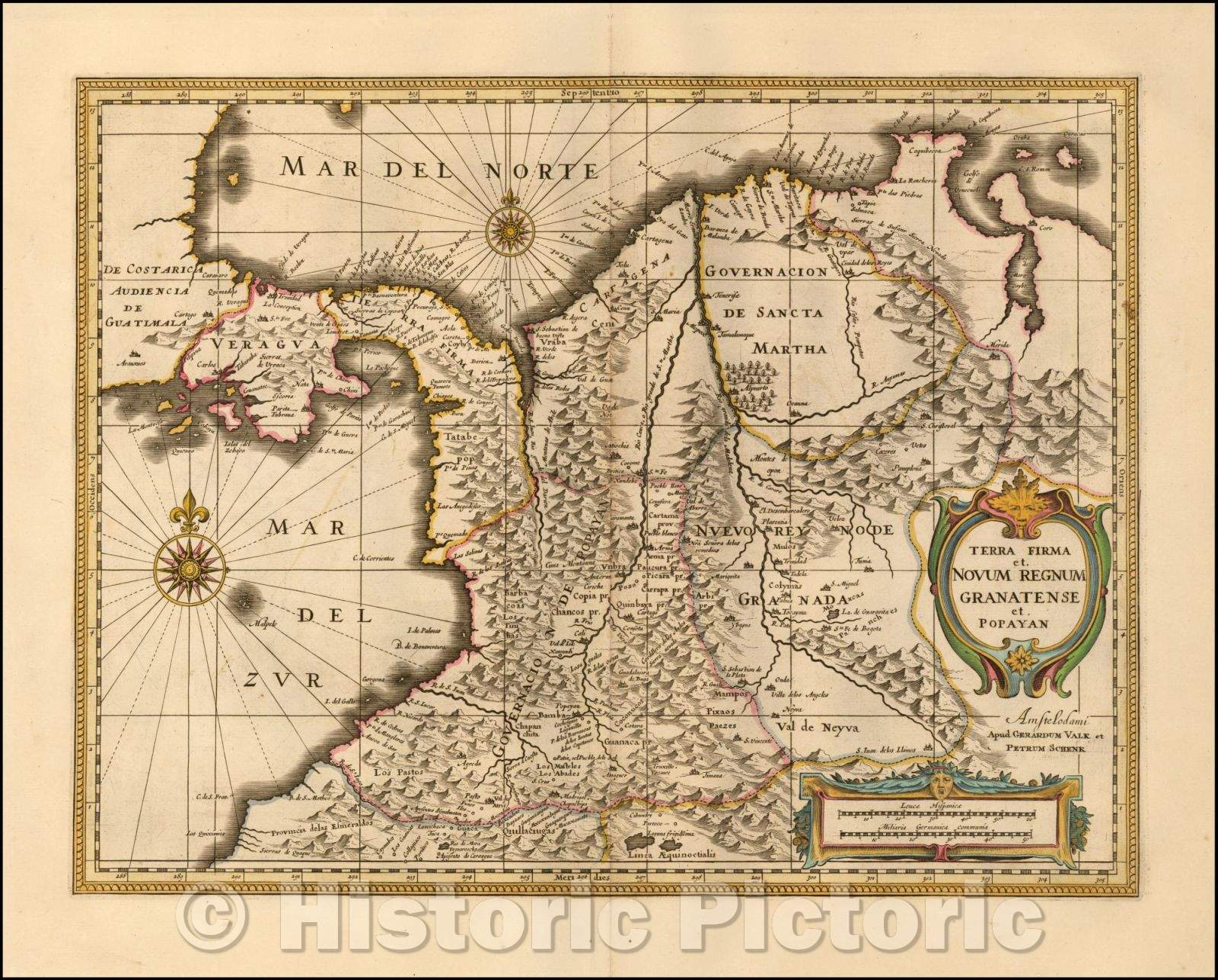 Historic Map - (Colombia) Terra Firma et Novum Regnum Granatense et Po :: Blaeu's of Colombia, part of Ecuador extending south to Esmereldas, and Venezuela, 1690 - Vintage Wall Art