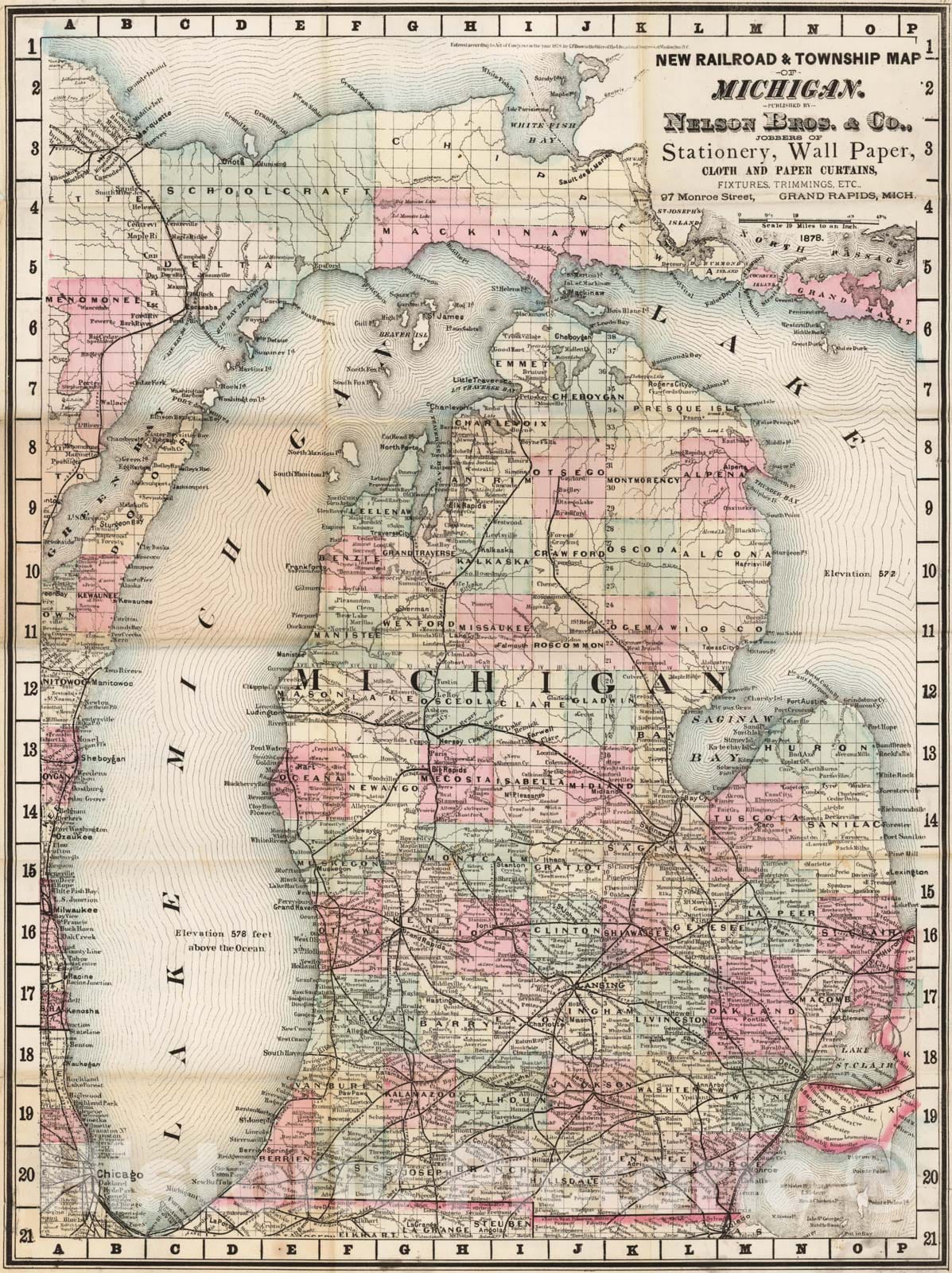 Historic Map - New Railroad & Township Map of MIchigan, 1878, - Vintage Wall Art